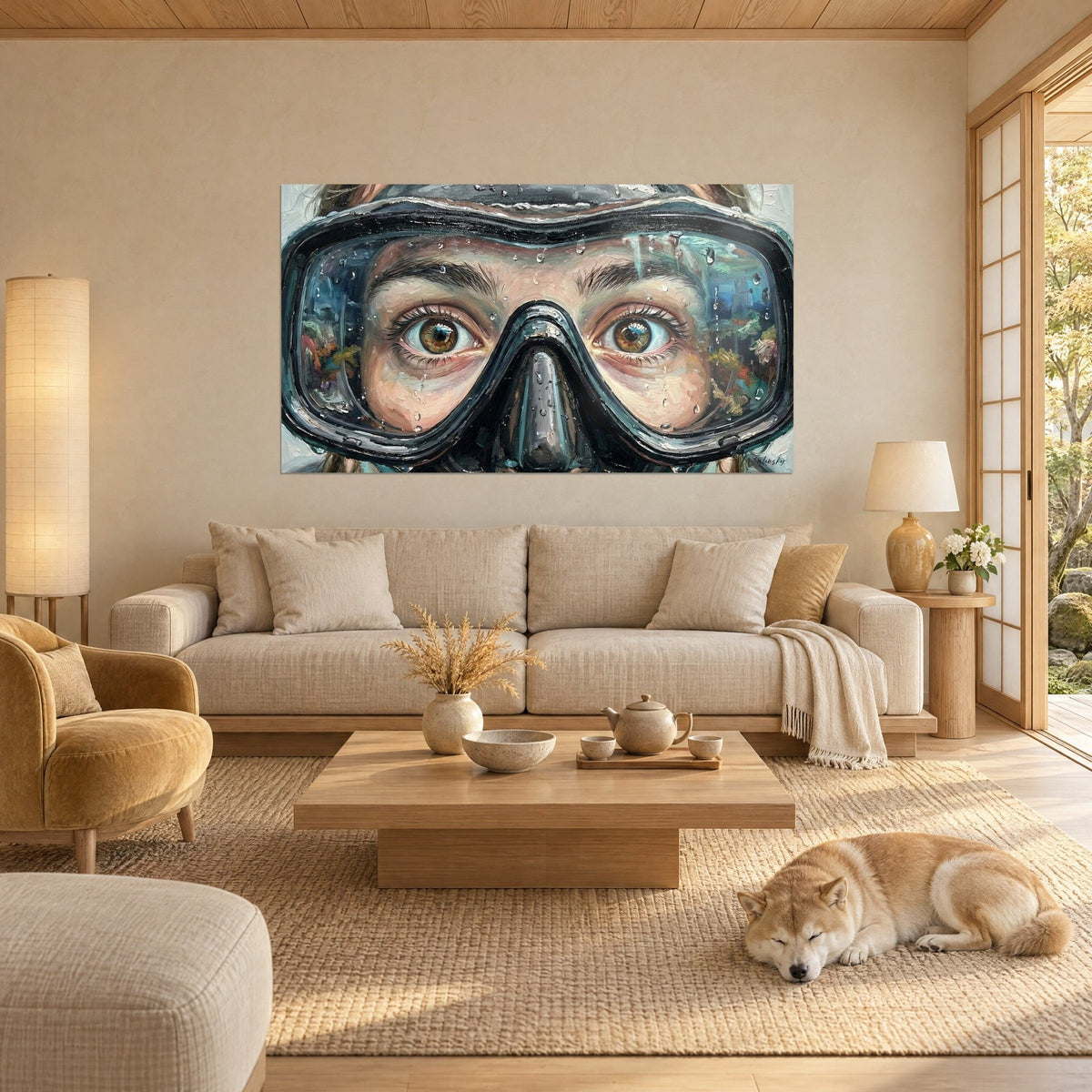 Schilderij van wijd opengesperde ogen achter een zwart duikmasker, hazelnootbruine irissen en roze huid, een slapende Shiba boven een bank in een lichte woonkamer