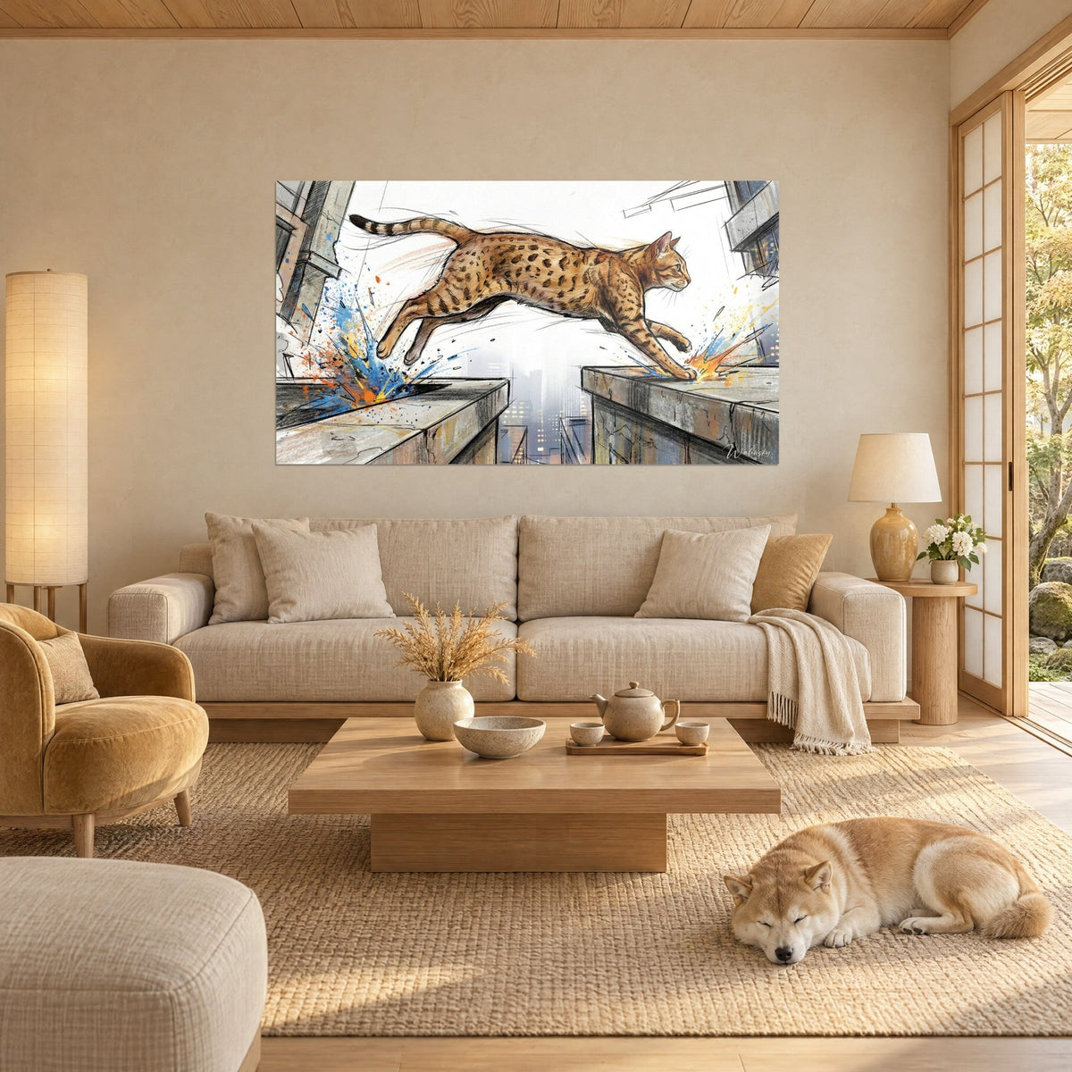Wall art of a spotted cat leaping between two rooftops, blue and orange paint splashes, sleeping Shiba, above a sofa in a bright living room