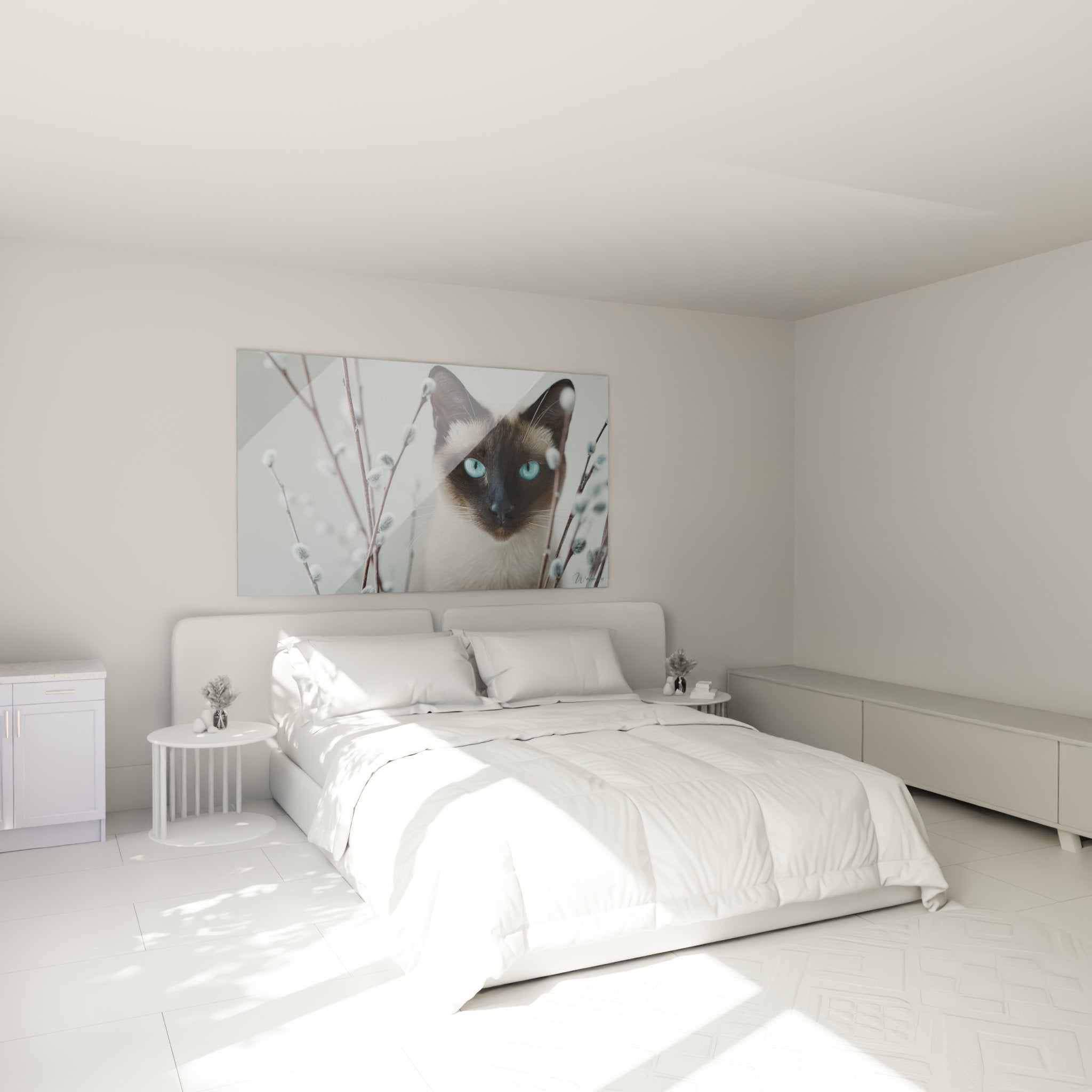 Décoration murale chambre avec tableau chat Balinais et chatons de saule, ambiance douce et apaisante