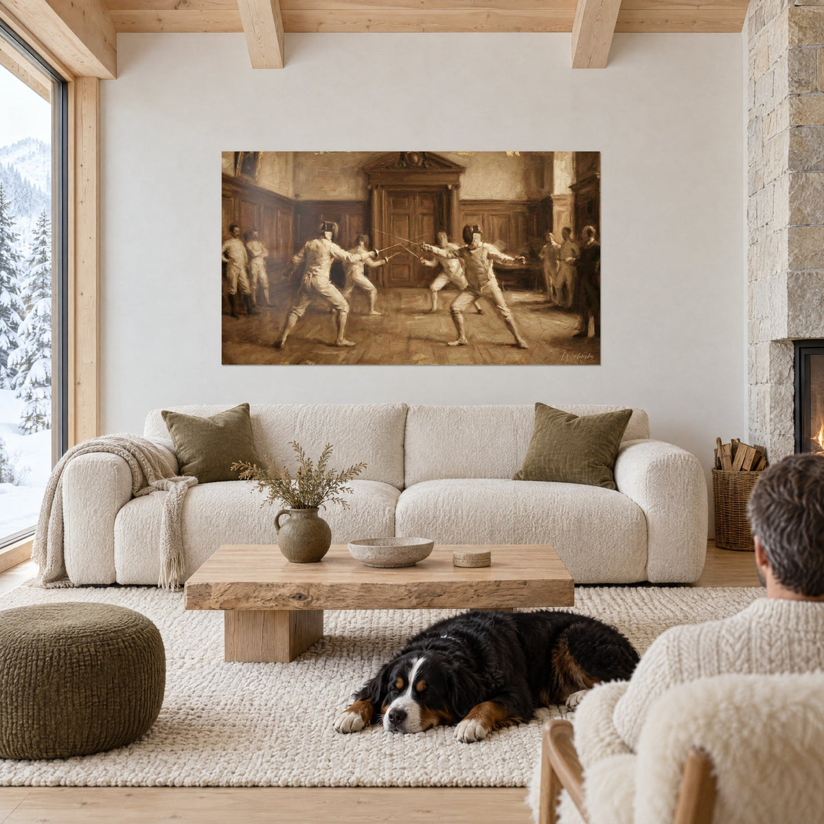 Tableau escrimeurs en tenue blanche croisant le fer sous des lambris bruns, chien couché, au-dessus d'un canapé dans un salon lumineux