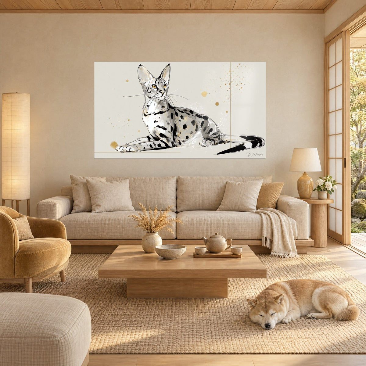 Gemälde Savannah-Katze liegend mit schwarzen Flecken und bernsteinfarbenen Augen, cremefarbener Hintergrund, schlafender Shiba, über einem Sofa in einem hellen Wohnzimmer