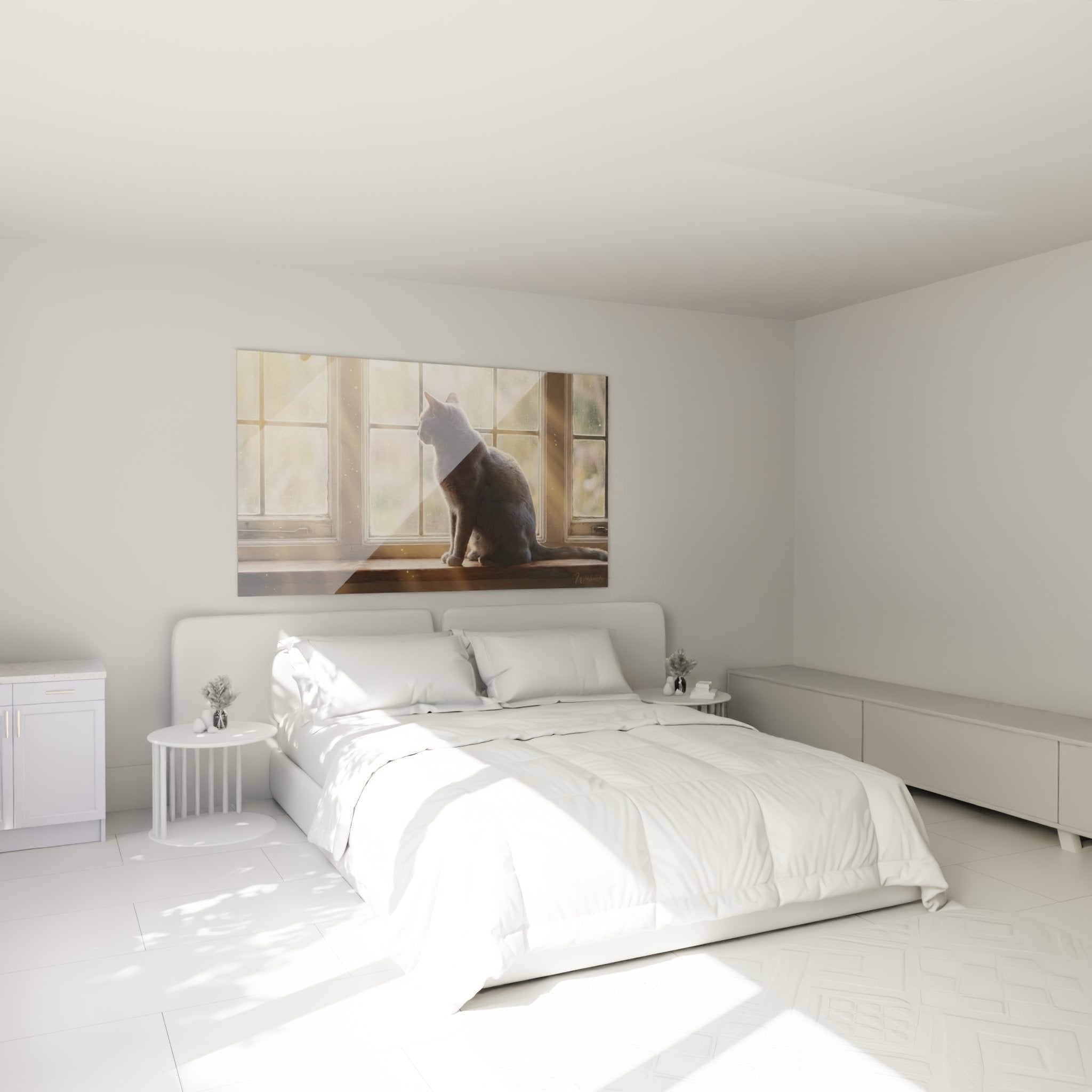 Tableau chat Korat fenêtre dans chambre moderne, décoration murale apaisante tons dorés et gris