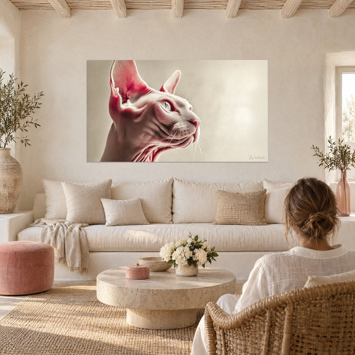 Obraz kot Sphynx w profilu, jasnoróżowe ucho i czyste spojrzenie na kremowym tle, nad sofą w jasnym salonie