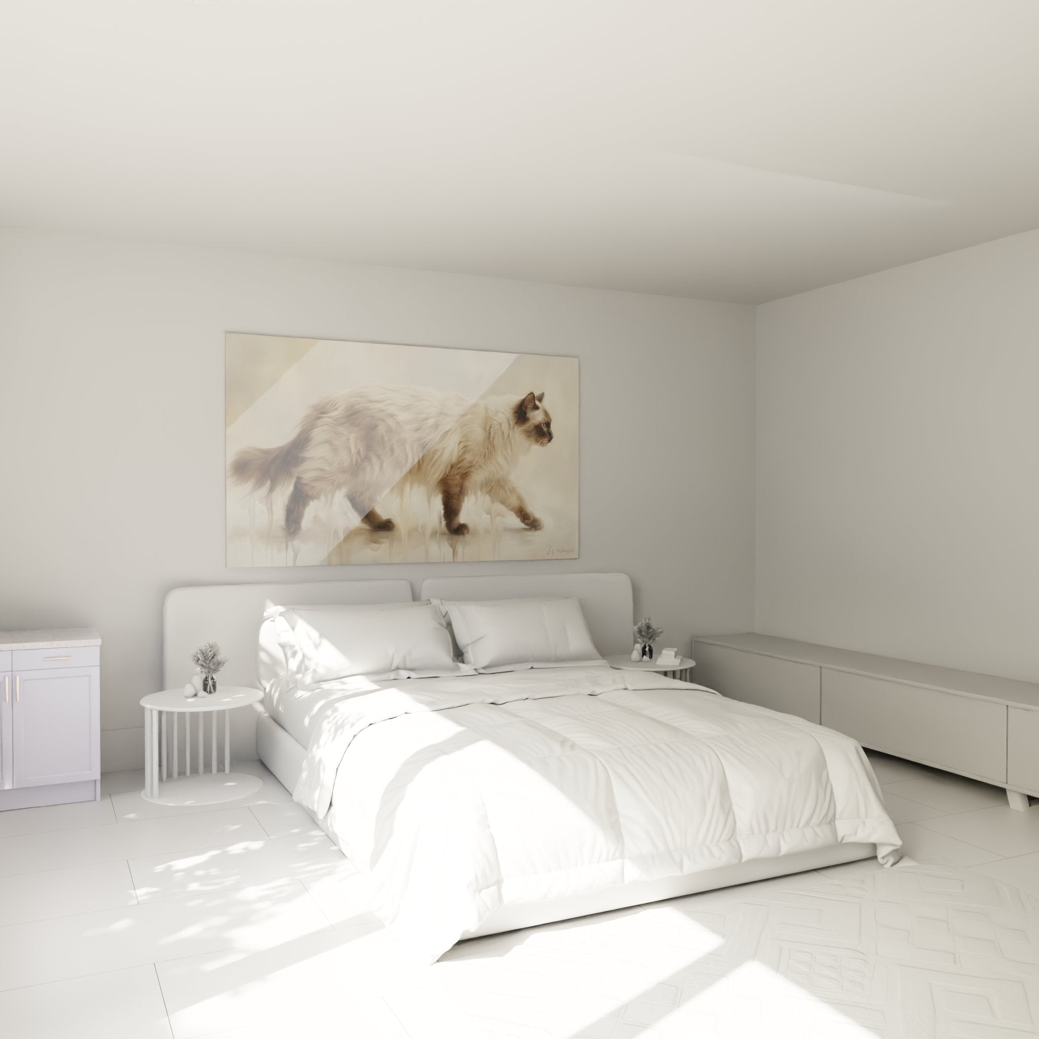 Tableau chat Balinais élégant installé dans chambre moderne, décoration murale tons beiges et crème