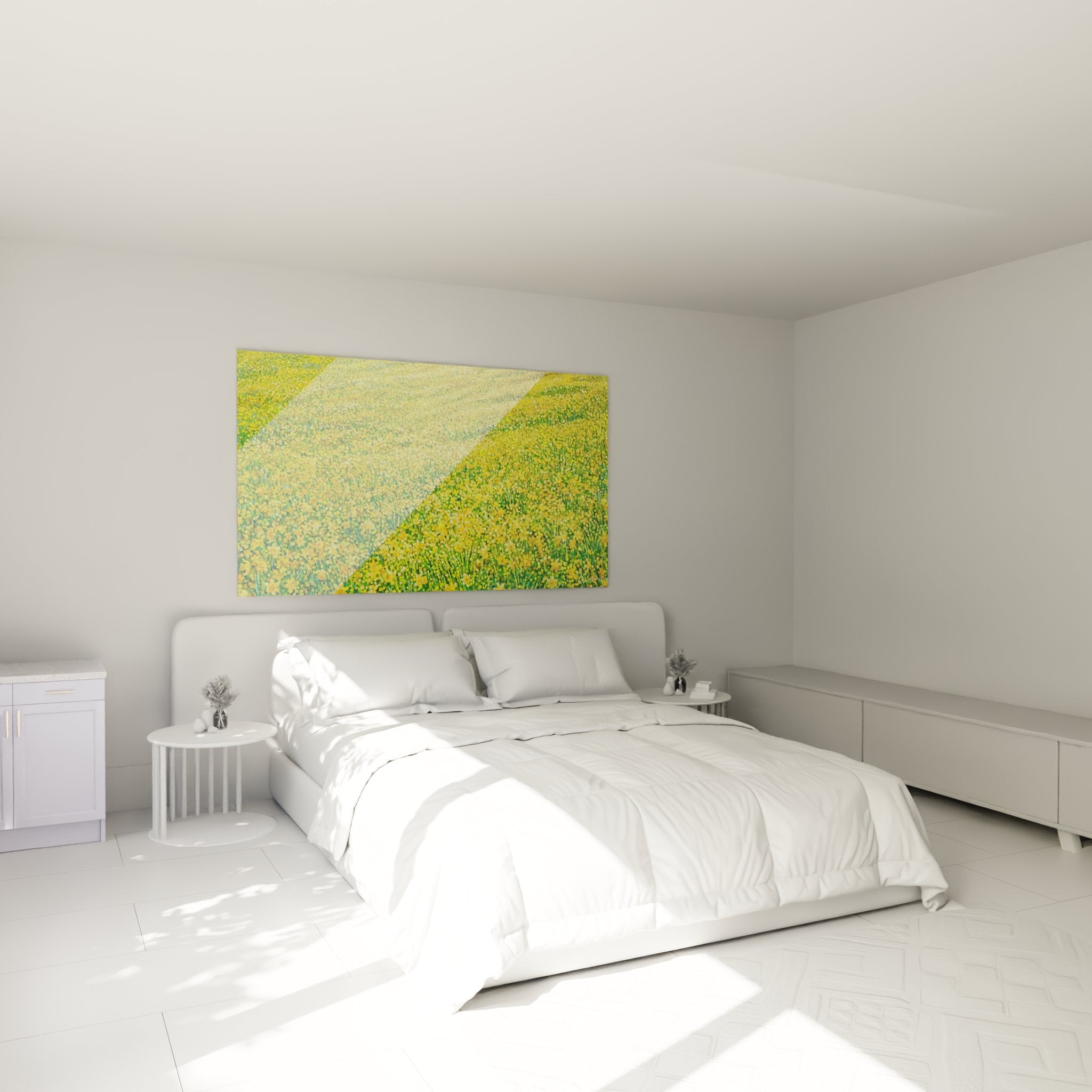 Prairie fleurie doree dans chambre moderne tableau mural impressionniste ambiance naturelle apaisante