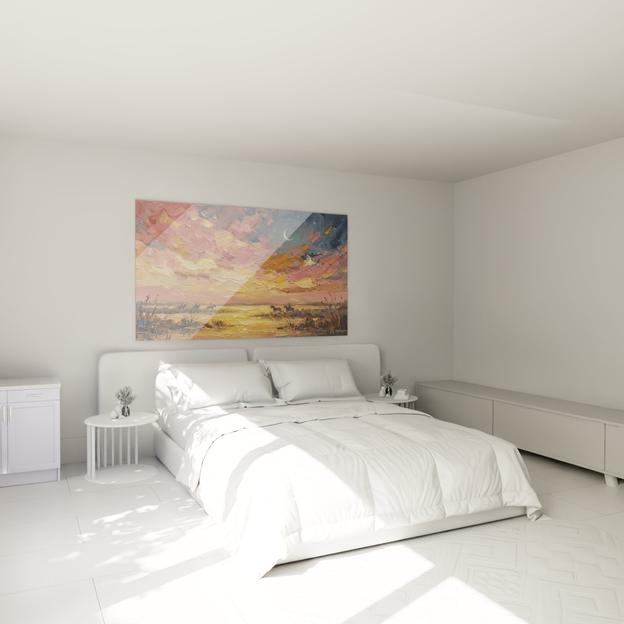 Tableau paysage camarguais dans chambre moderne, decoration murale nature avec chevaux et ciel colore au coucher soleil