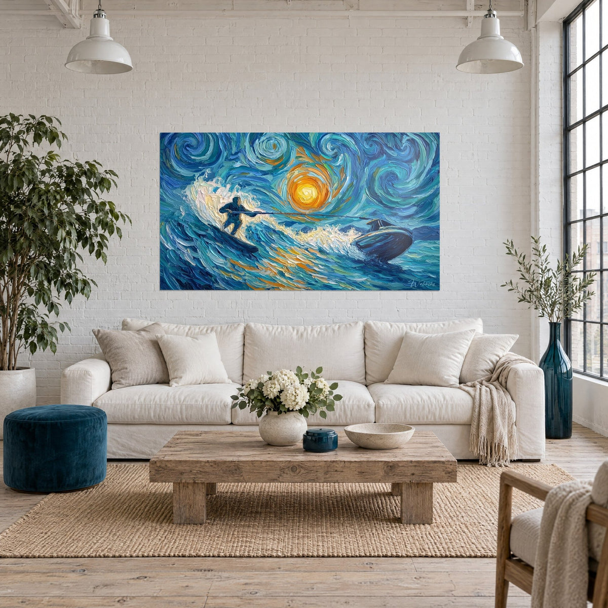 Wall art of a water skier towed over an ivory foam wave, orange spiral sun, blue sky, above a sofa in a bright living room