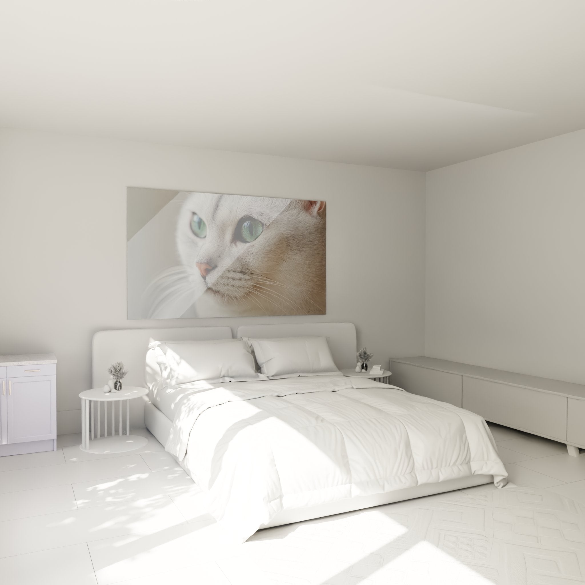 Decoration chambre tableau chat Burmilla yeux verts ambiance cosy mur blanc art animalier elegance feline