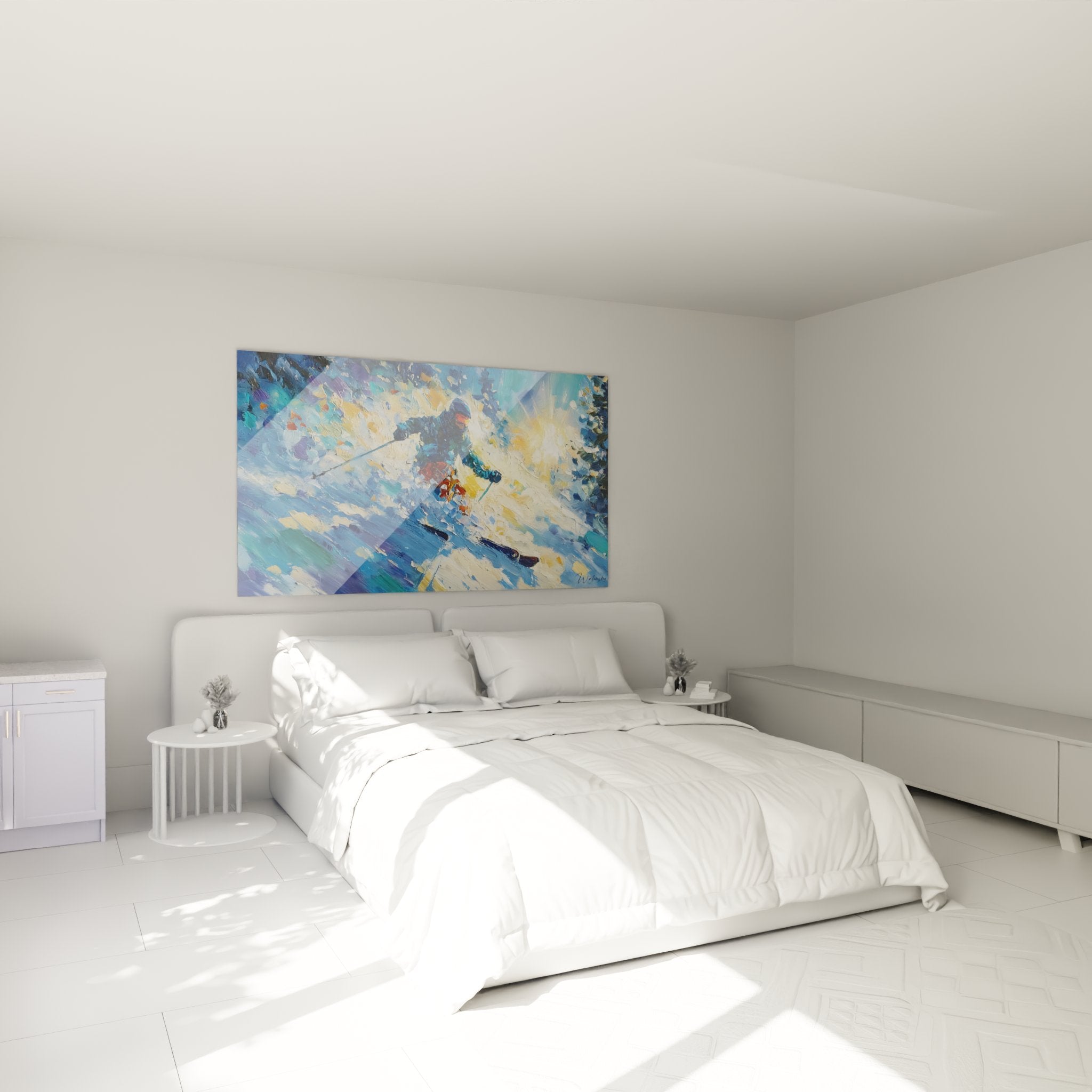 Tableau skieur en descente installé dans une chambre moderne, décoration murale sport d'hiver