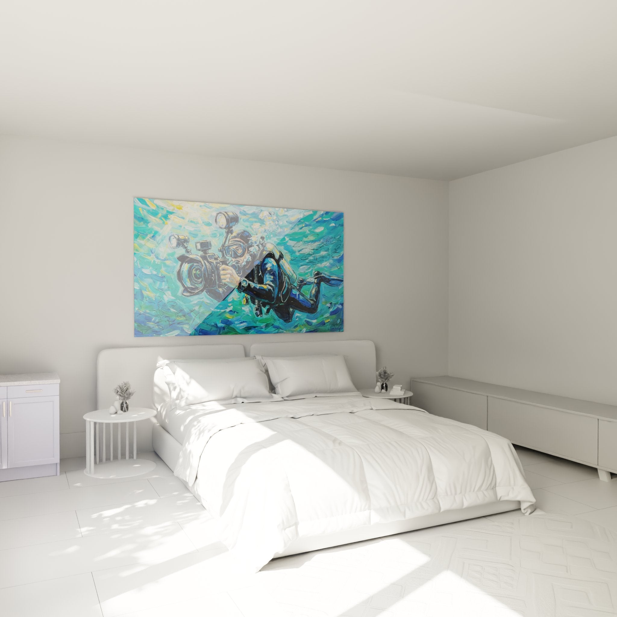 Décoration murale tableau plongeur photographe dans chambre moderne style marin et nautique