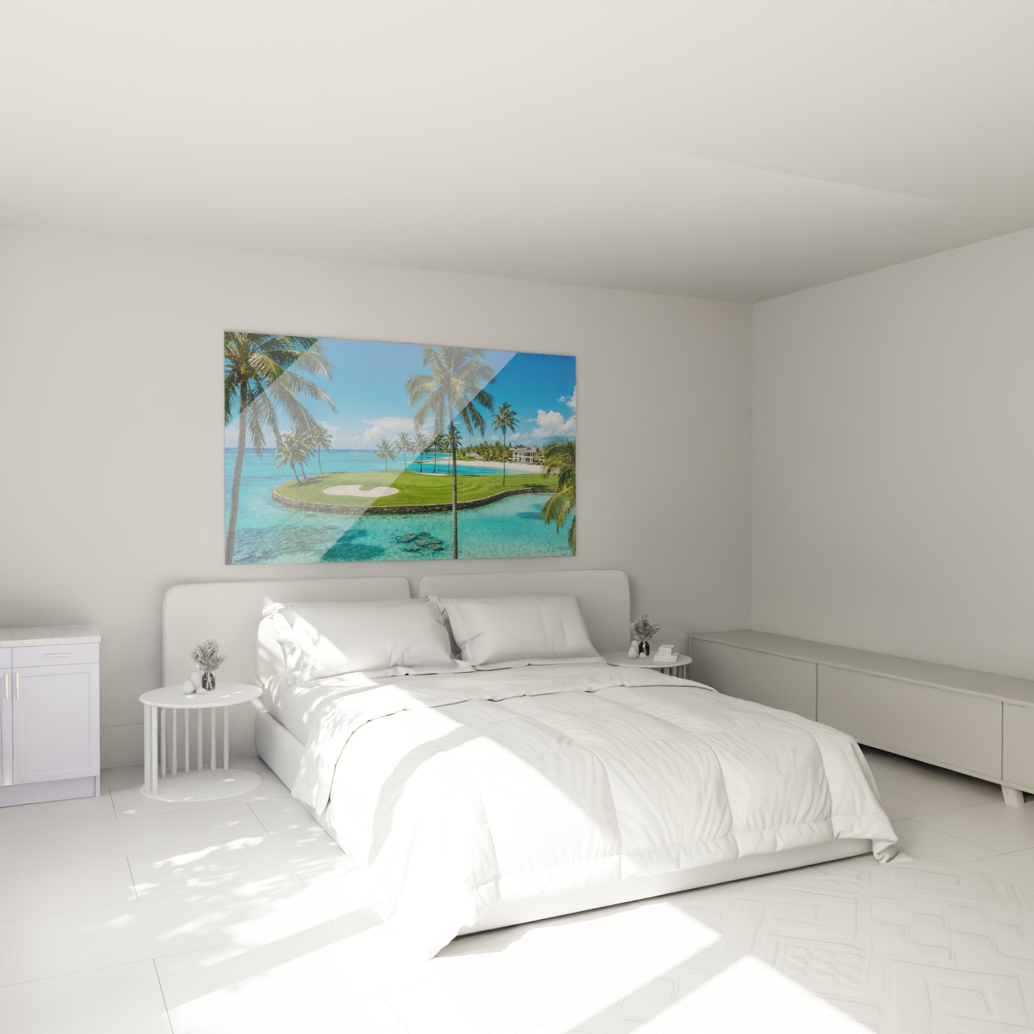 Decoration murale golf tropical dans chambre moderne avec green paradisiaque et lagon cristallin