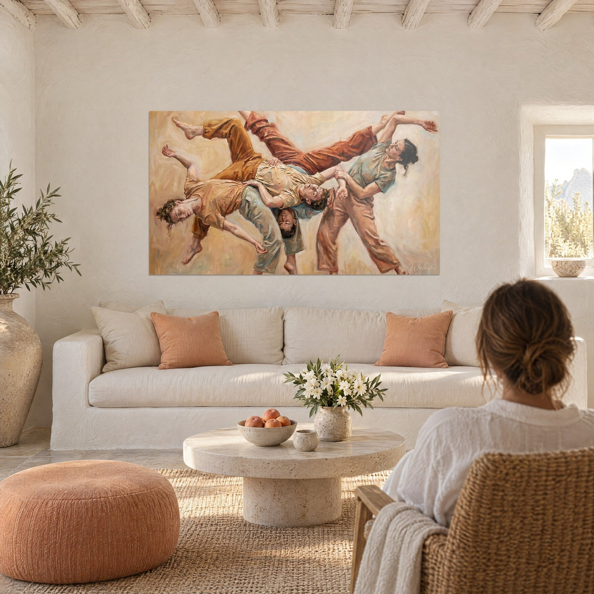 Wall art entangled dancers in full leap, ochre and terracotta trousers, thick brushwork, above a sofa in a bright living room