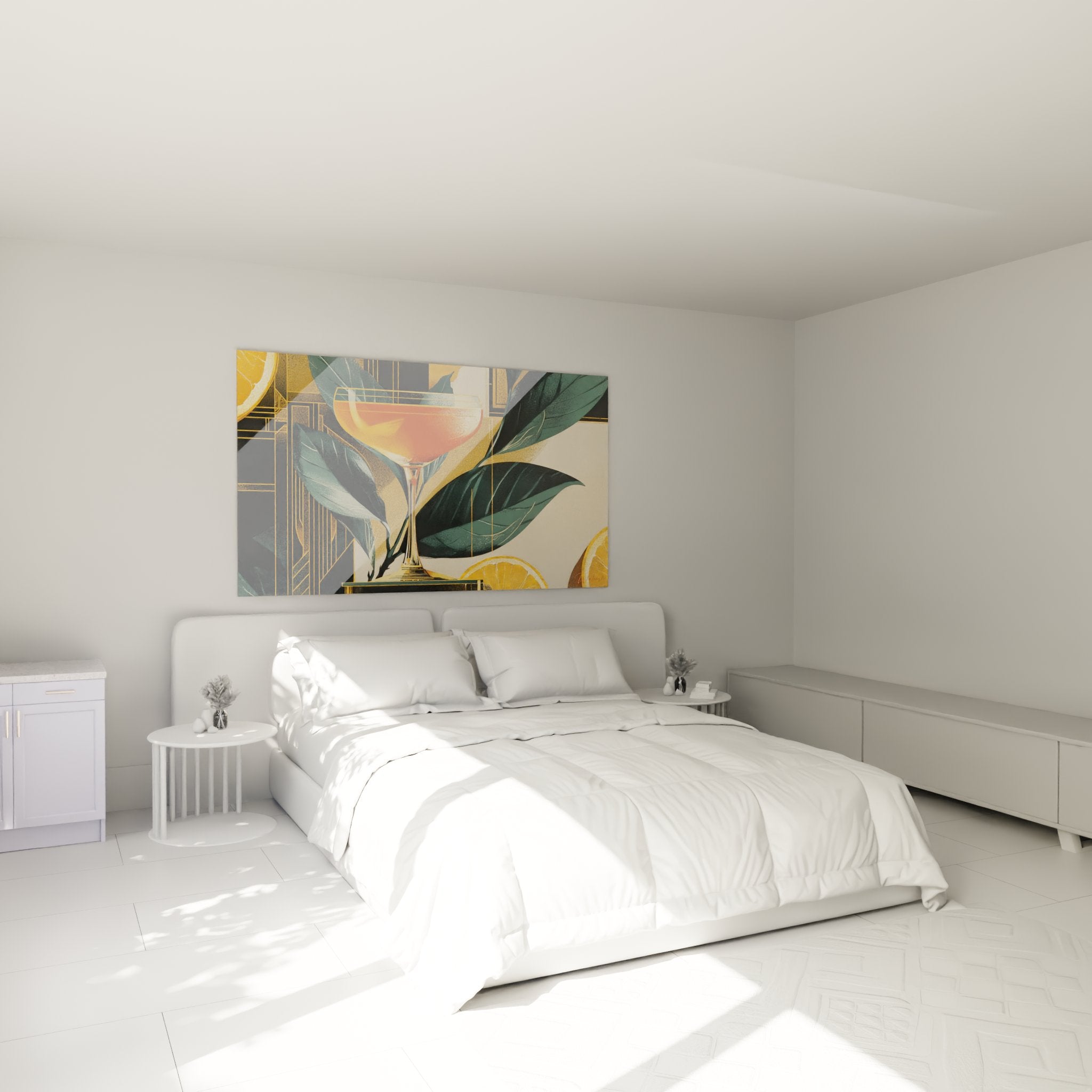 Décoration murale art déco cocktail dans chambre moderne avec ambiance dorée et tropicale