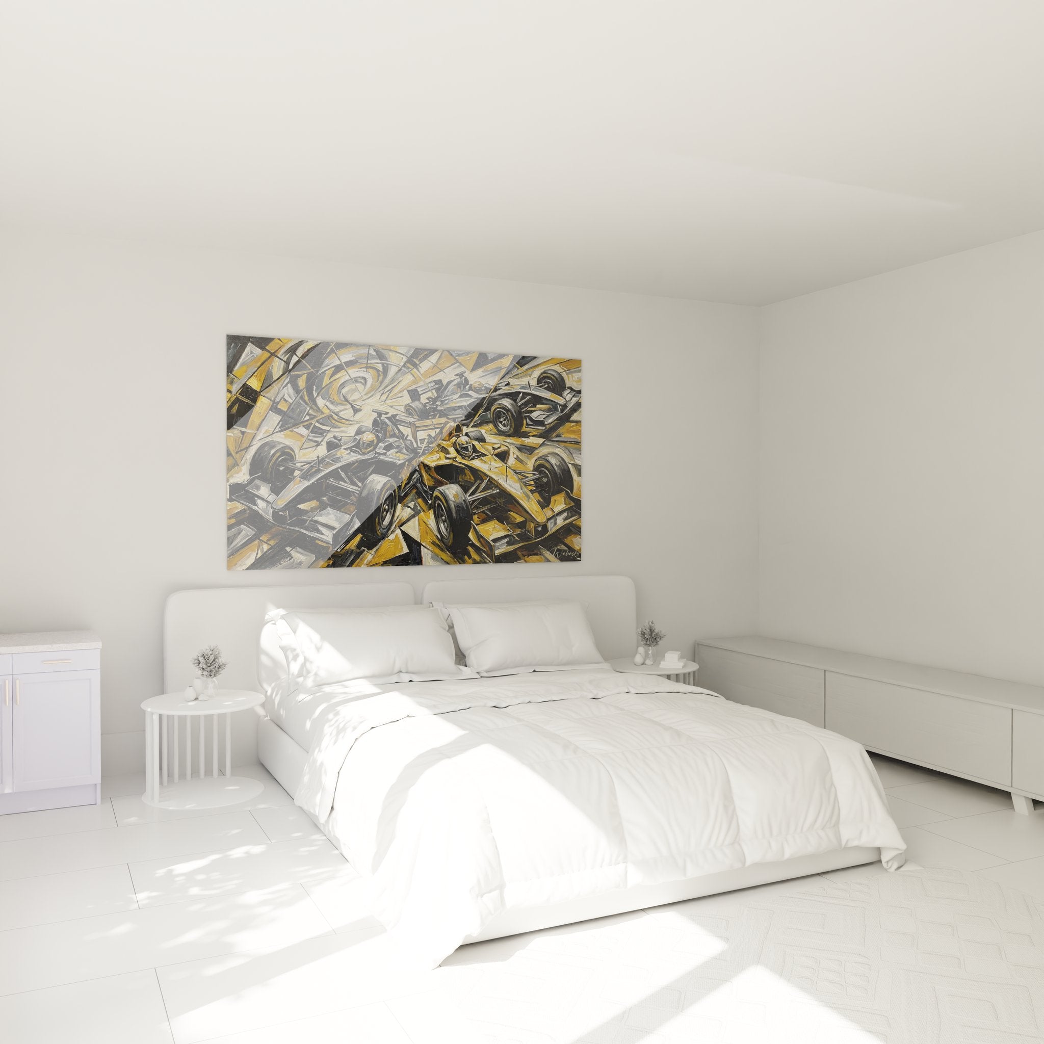 Décoration murale F1 cubiste dans chambre moderne avec monoplaces stylisées en formes géométriques