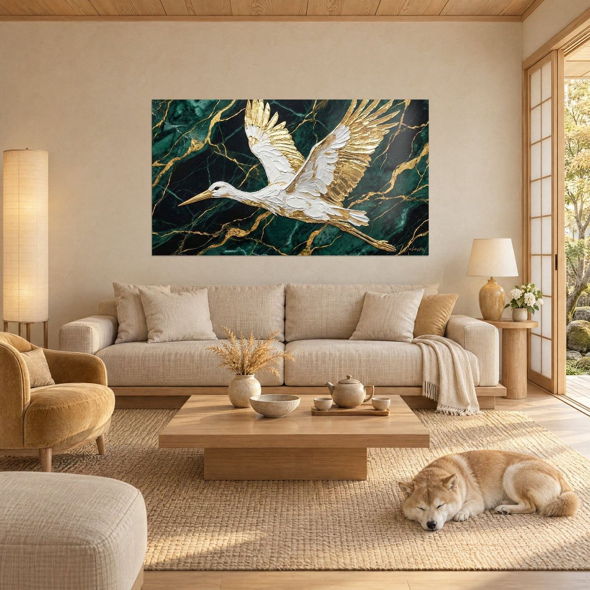 Wall art white stork with outstretched wings on emerald green marble veined with gold, Shiba lying down, above a sofa in a bright living room