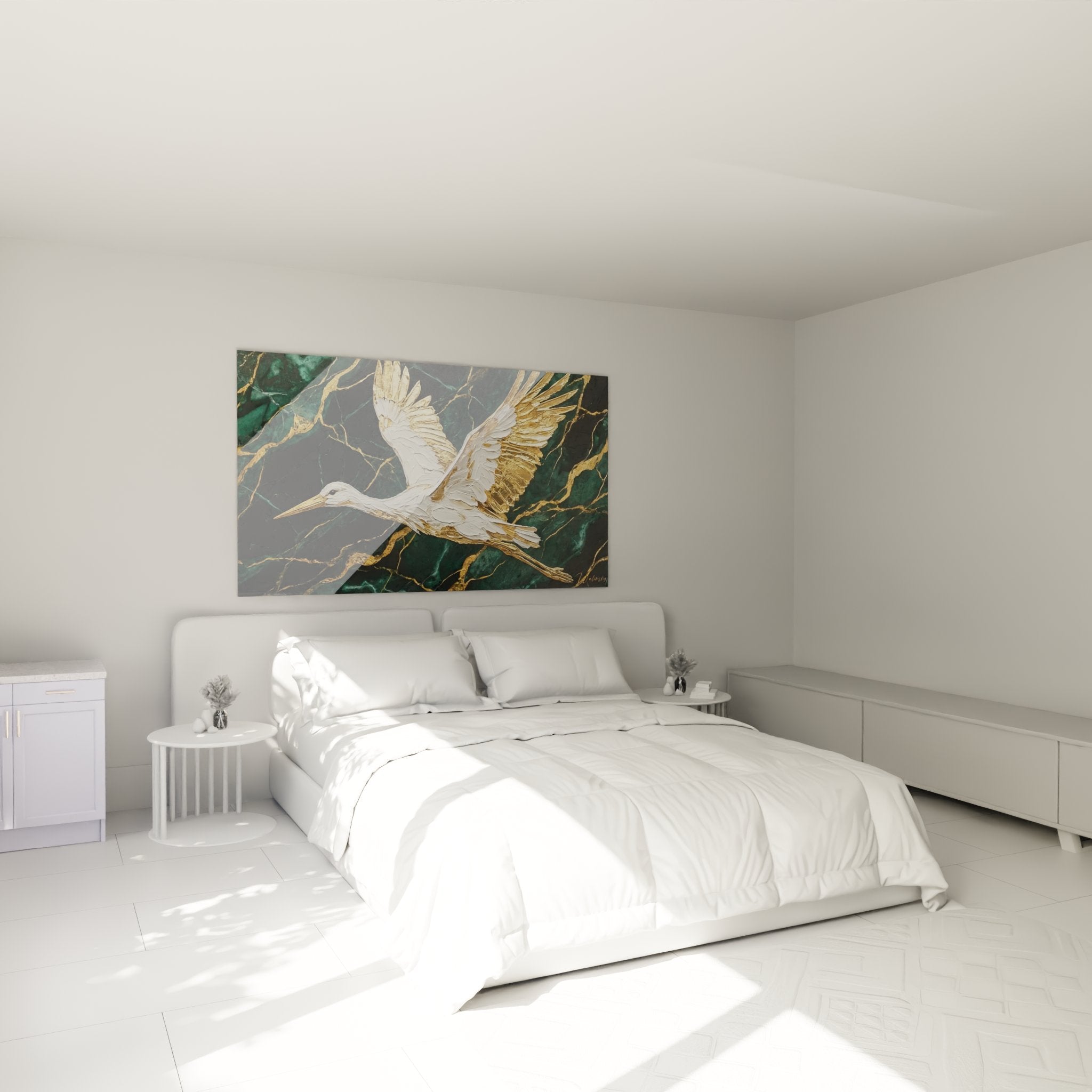 Tableau cigogne dorée dans chambre moderne, décoration murale élégante sur marbre vert