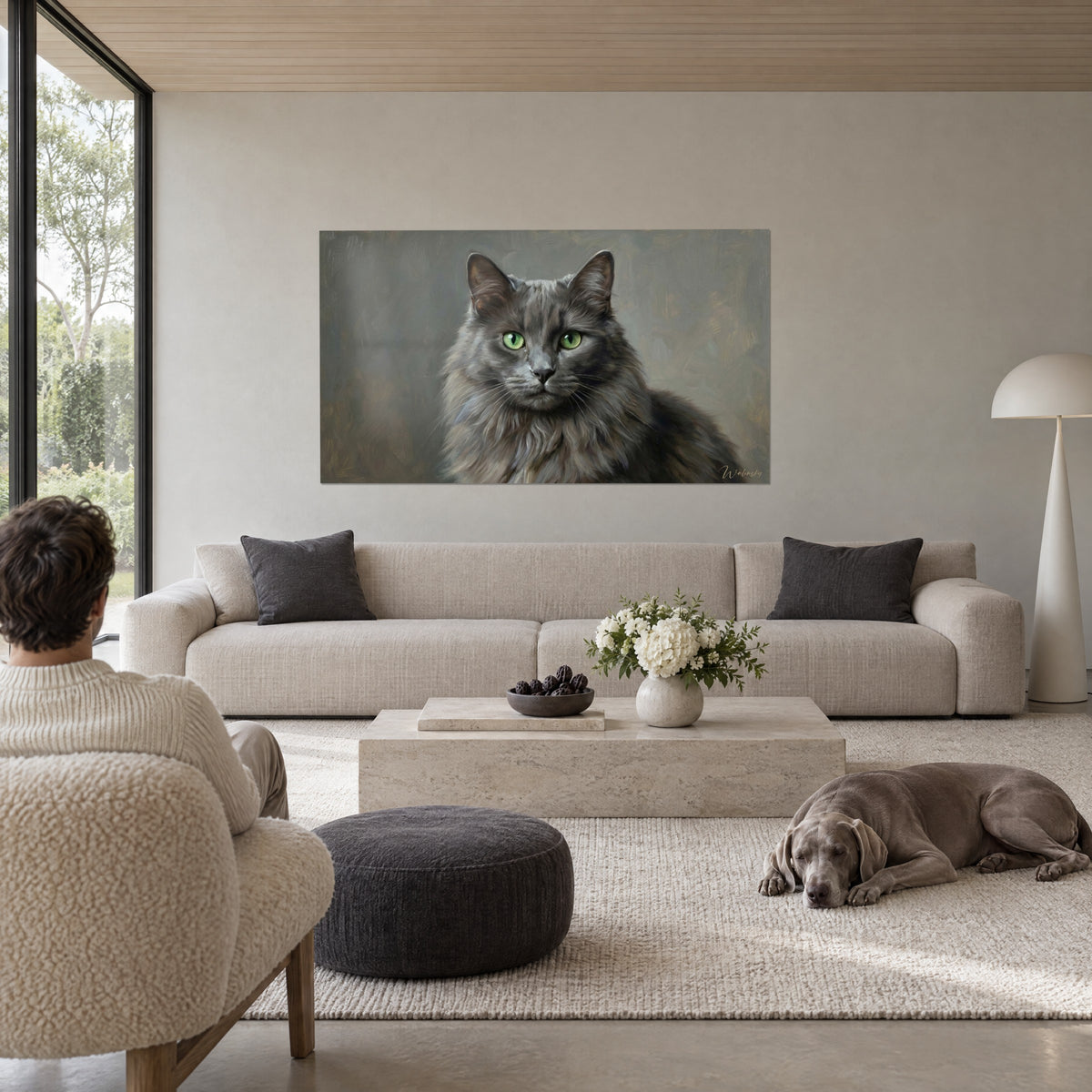 Wall art Nebelung cat with smoky grey coat and soft green eyes, frontal pose, above a sofa in a bright living room