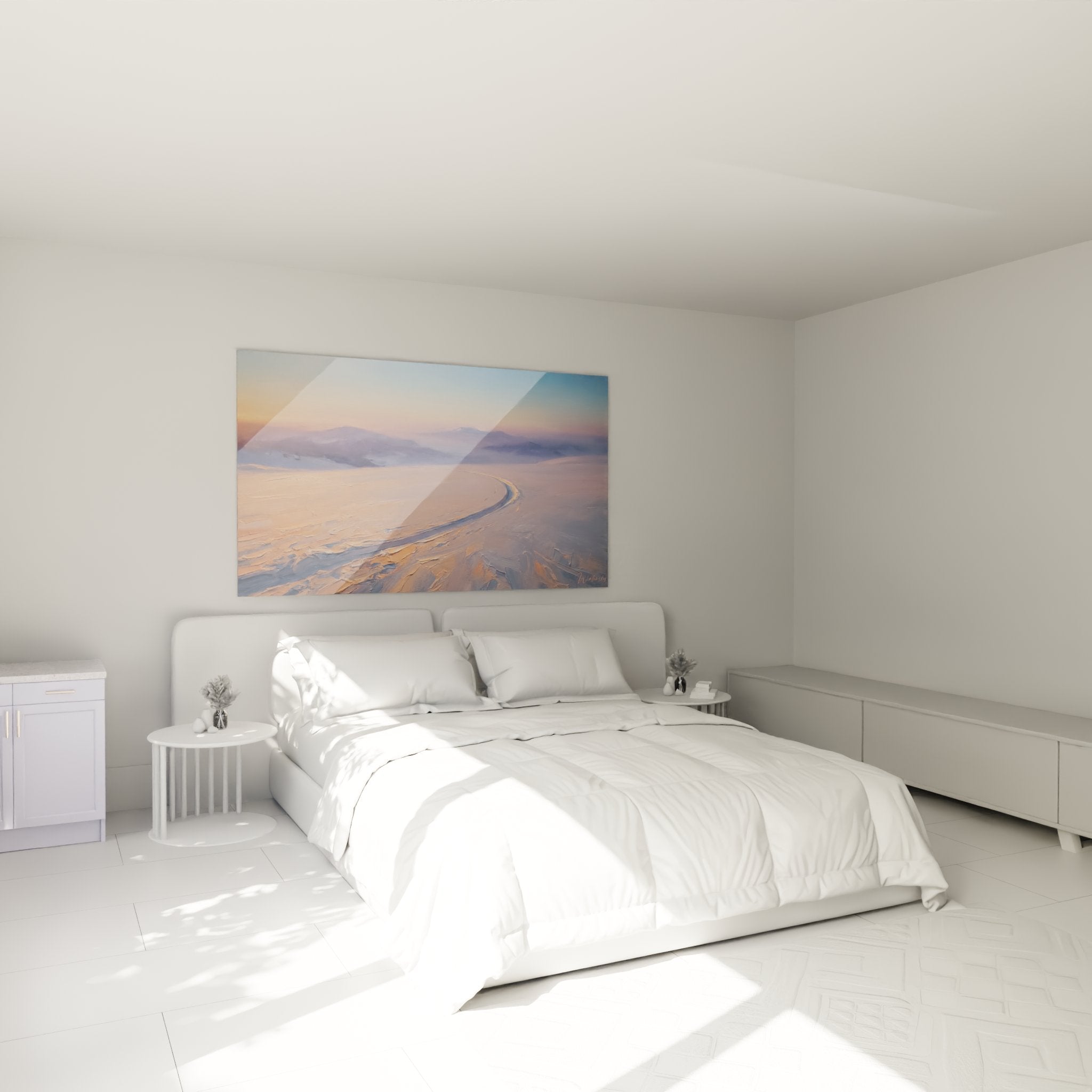 Tableau montagne ski dans chambre moderne, décoration murale paysage enneigé avec route de montagne