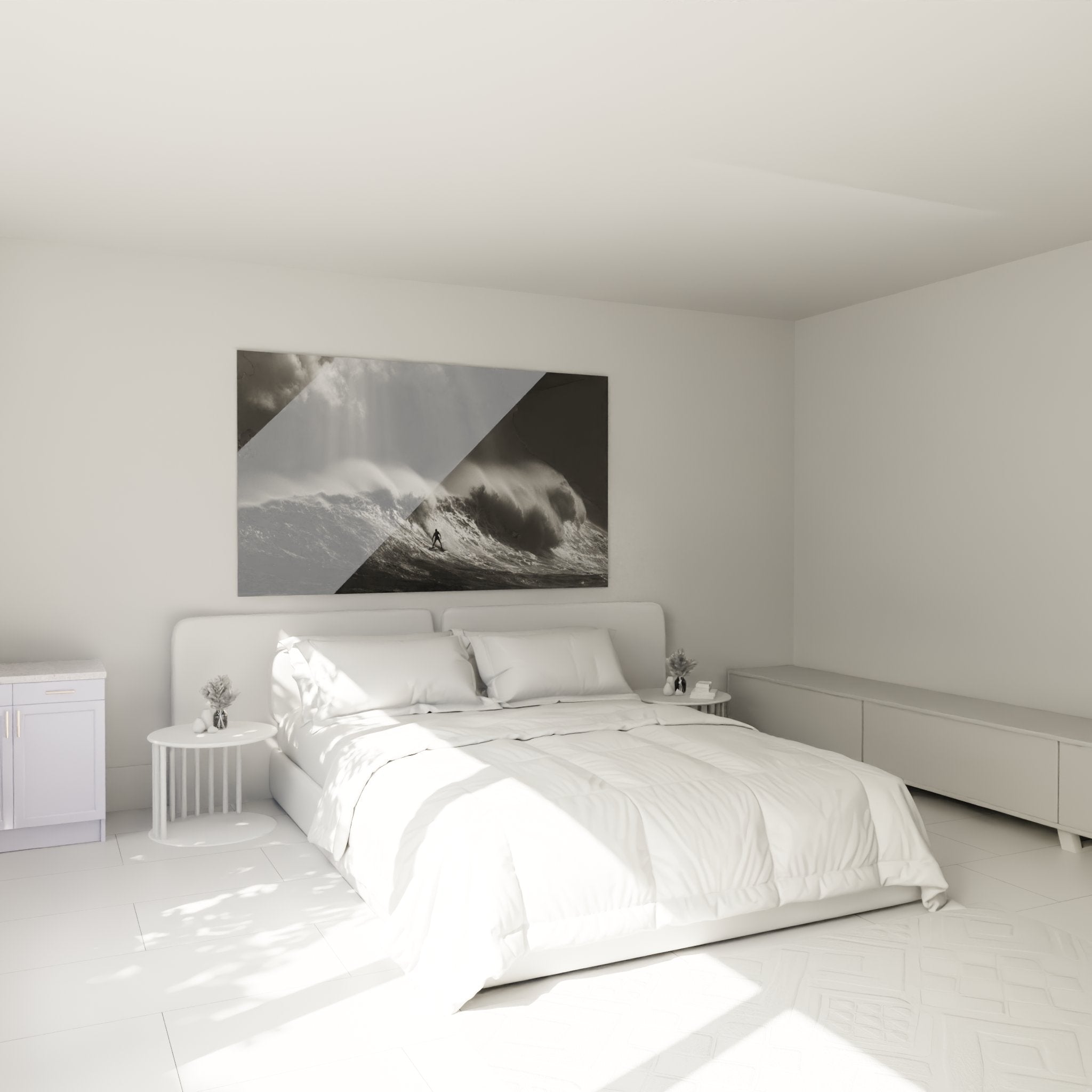 Tableau surf vague monumentale noir et blanc dans chambre moderne - décoration murale océan