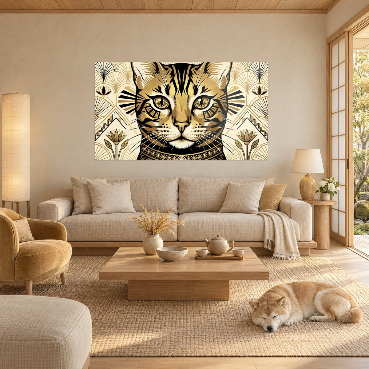 Tableau chat bengal doré aux yeux ambrés, rayures noires et lotus Art déco crème, au-dessus d'un canapé dans un salon lumineux