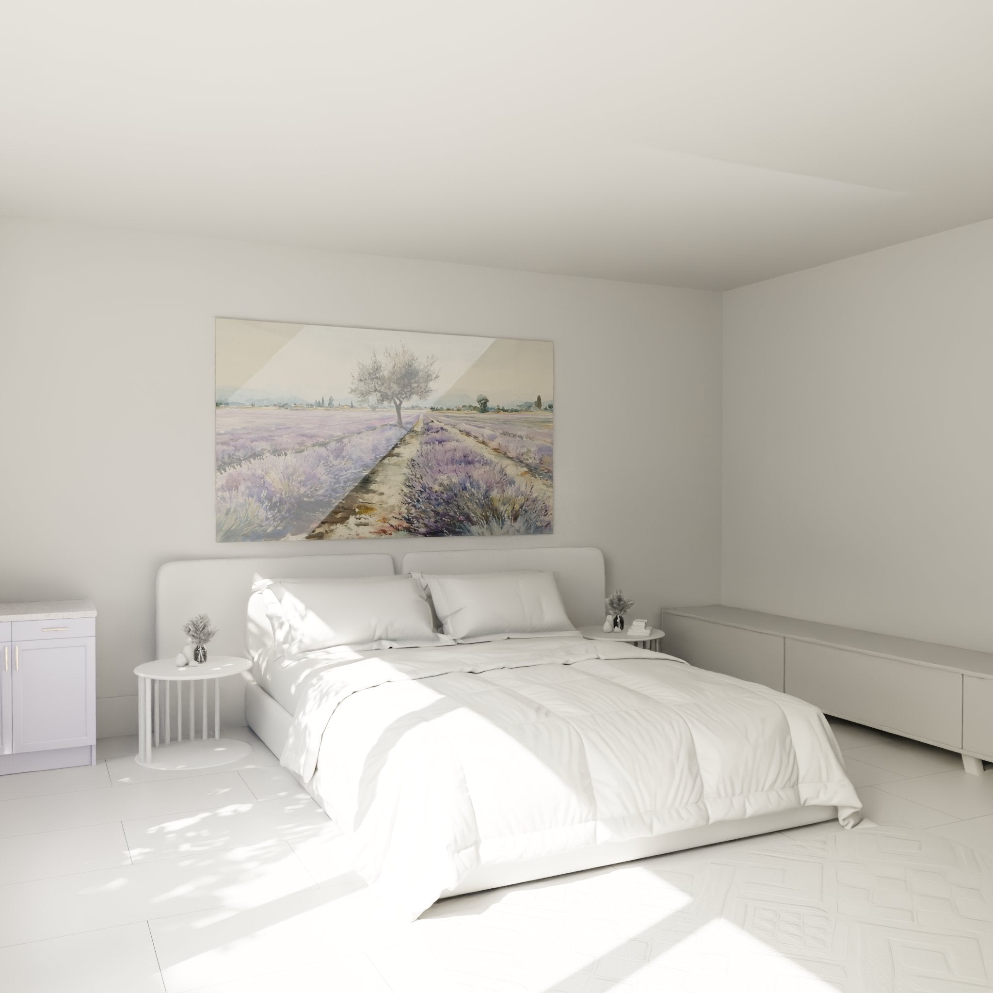 Tableau lavande provencale dans chambre moderne, decoration murale champ violet et olivier
