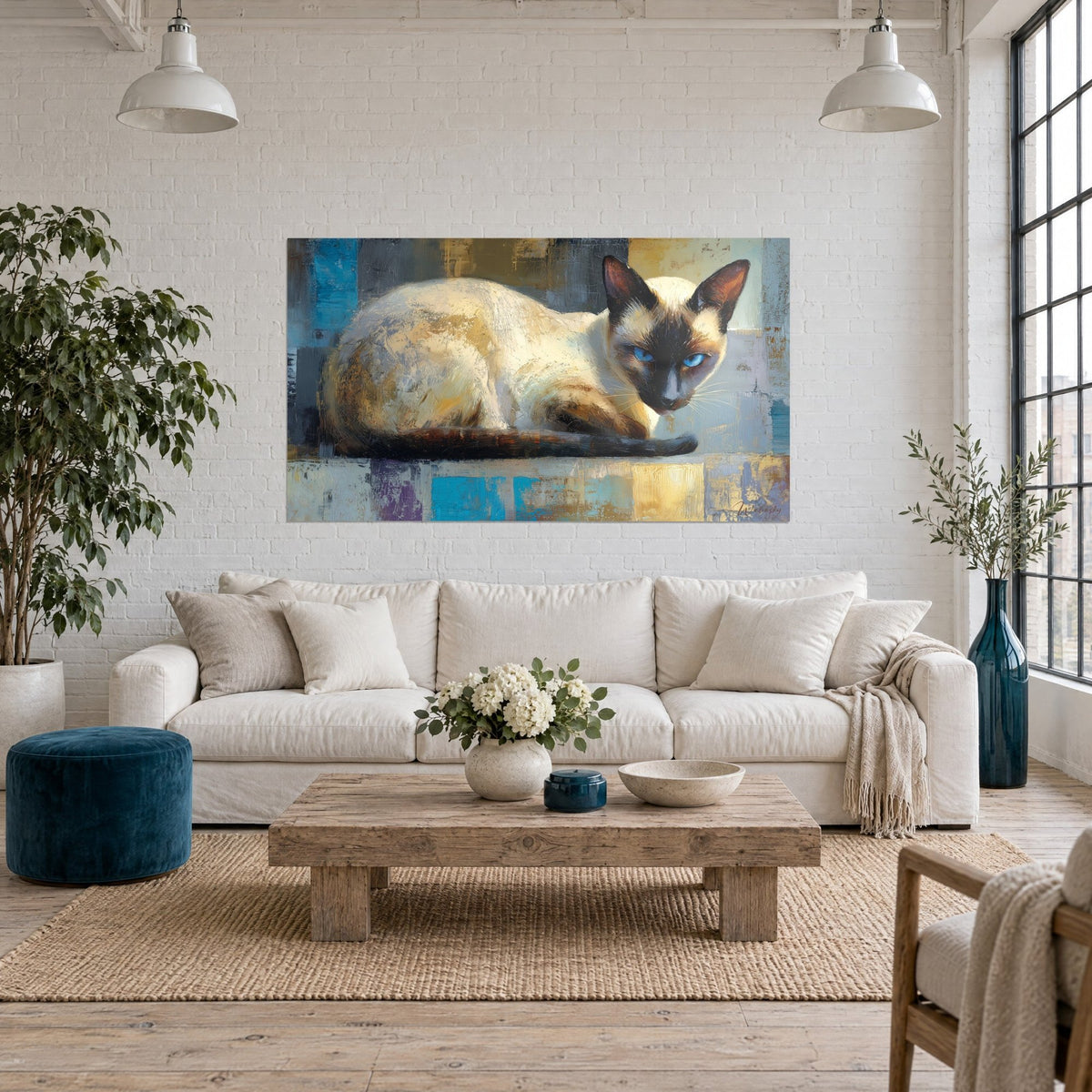 Gemälde Siamkatze liegend, durchdringende blaue Augen und brauner Maskenfleck, türkisfarbener und ockerfarbener Hintergrund, über einem Sofa in einem hellen Wohnzimmer