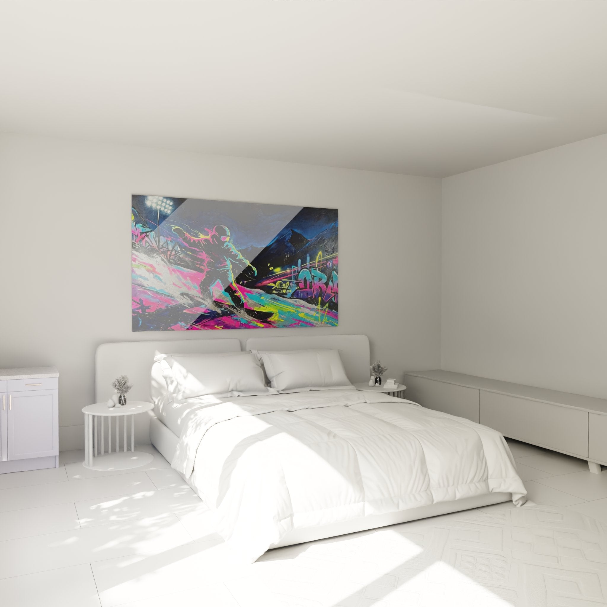 Decoration murale snowboard graffiti neon dans chambre moderne avec rider coloré style street art