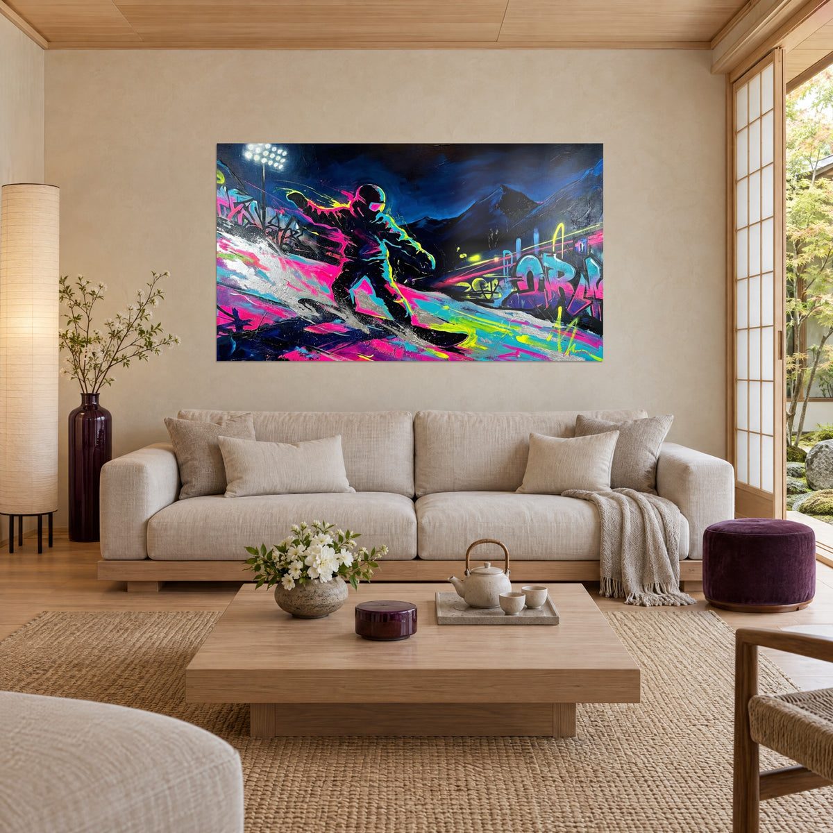 Gemälde Neon-Snowboarder auf einer abfallenden Piste, schwarze Silhouette umrahmt von Leuchtrosa und Gelb, blaue Graffiti, über einem Sofa in einem hellen Wohnzimmer