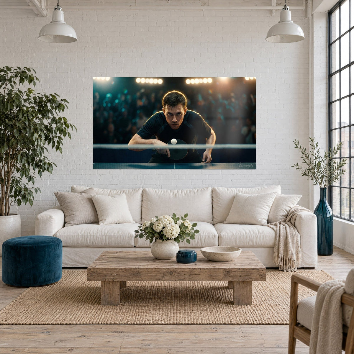 Wall art of a ping pong player with eyes fixed on the white ball, black jersey, golden spotlights, above a sofa in a bright living room