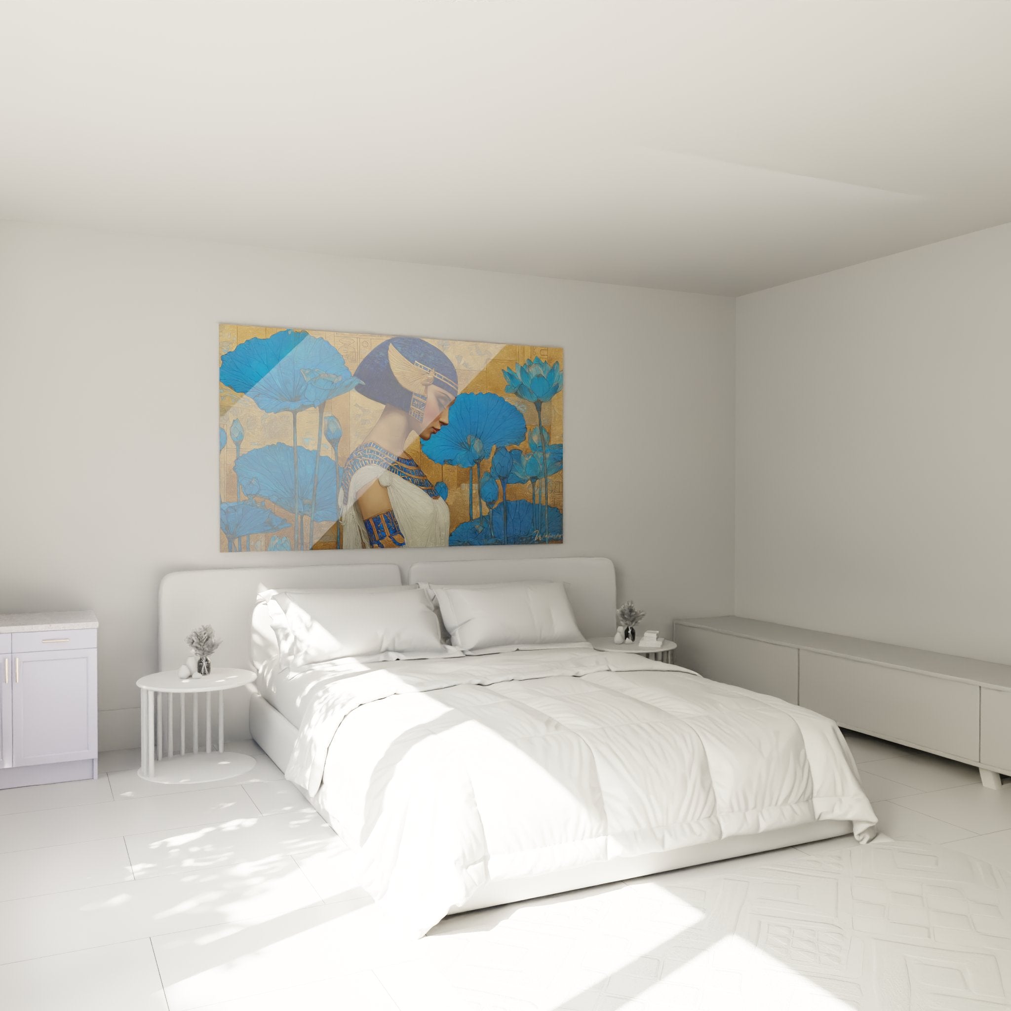 Decoration murale art deco egyptienne avec lotus bleus dans chambre moderne aux tons neutres