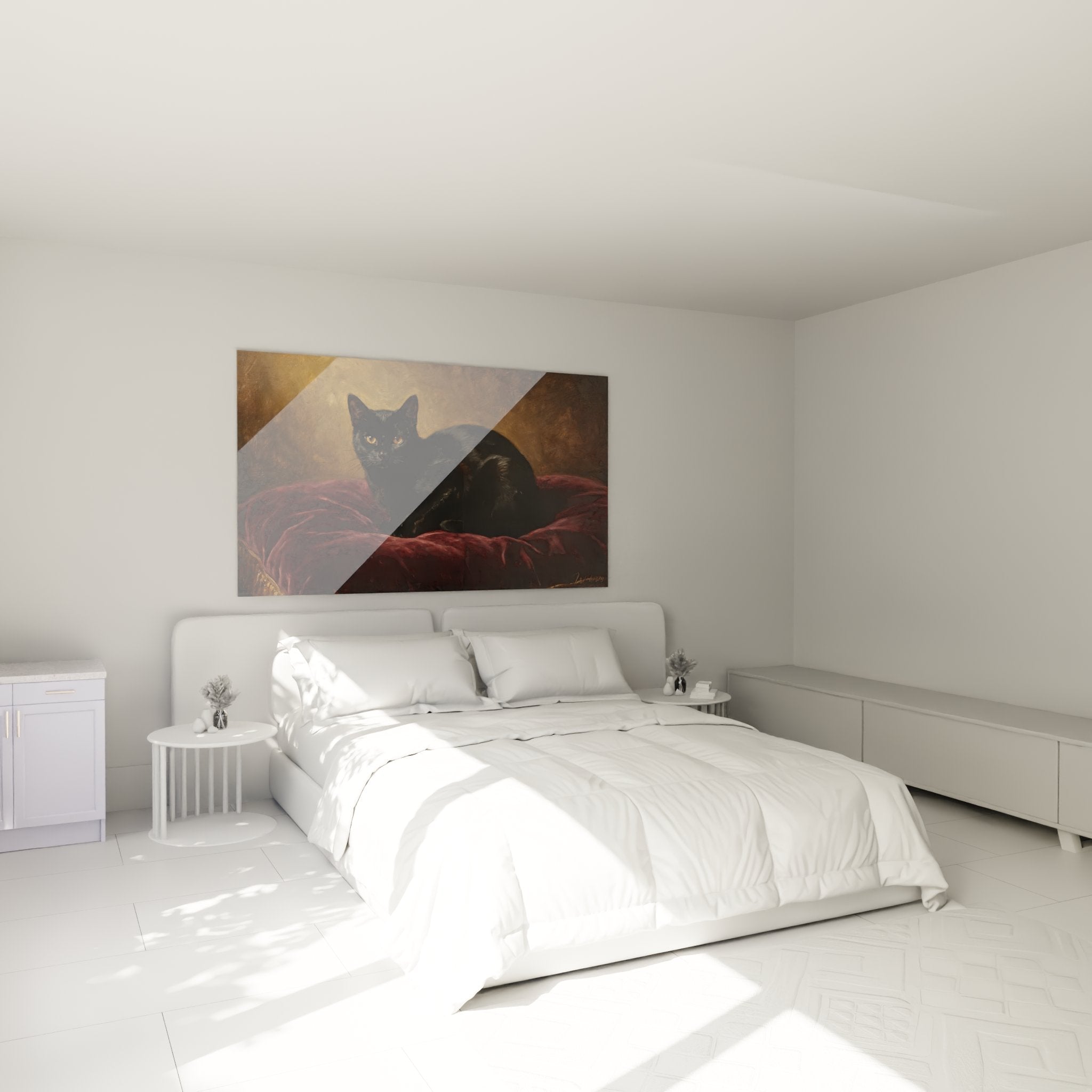 Tableau chat noir velours bordeaux dans chambre moderne decoration murale feline elegante ambiance