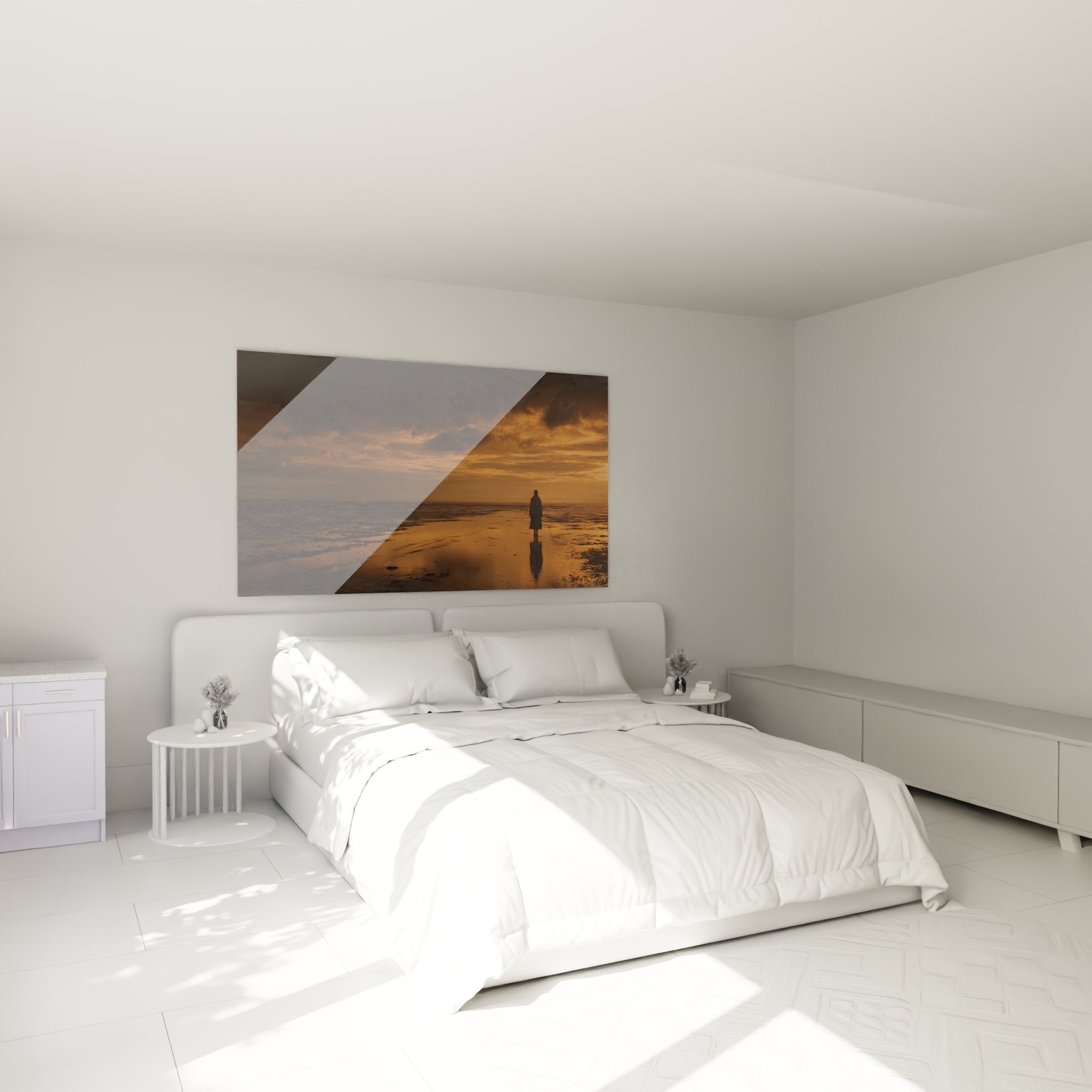 Tableau coucher soleil normandie dans chambre moderne, ambiance chaleureuse tons cuivrés