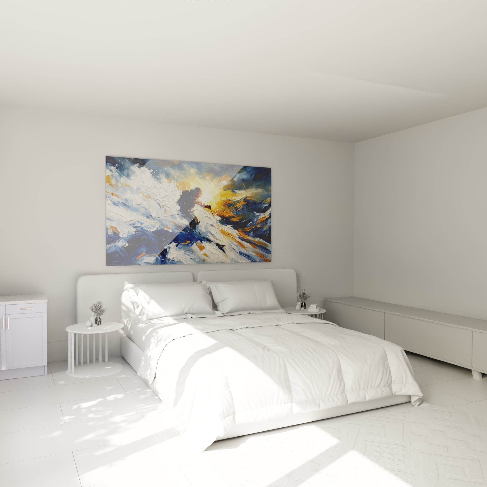 Tableau skieur poudreuse décorant une chambre moderne avec ambiance montagnarde et sportive