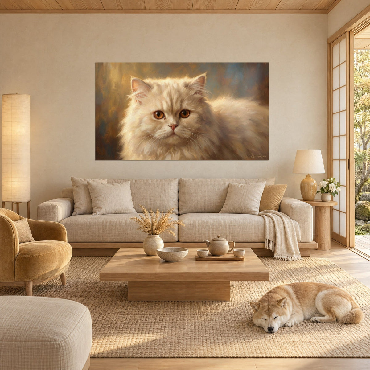 Cuadro gato persa crema de ojos ámbar, pelaje esponjoso sobre fondo dorado y azul, shiba dormido, encima de un sofá en un salón luminoso