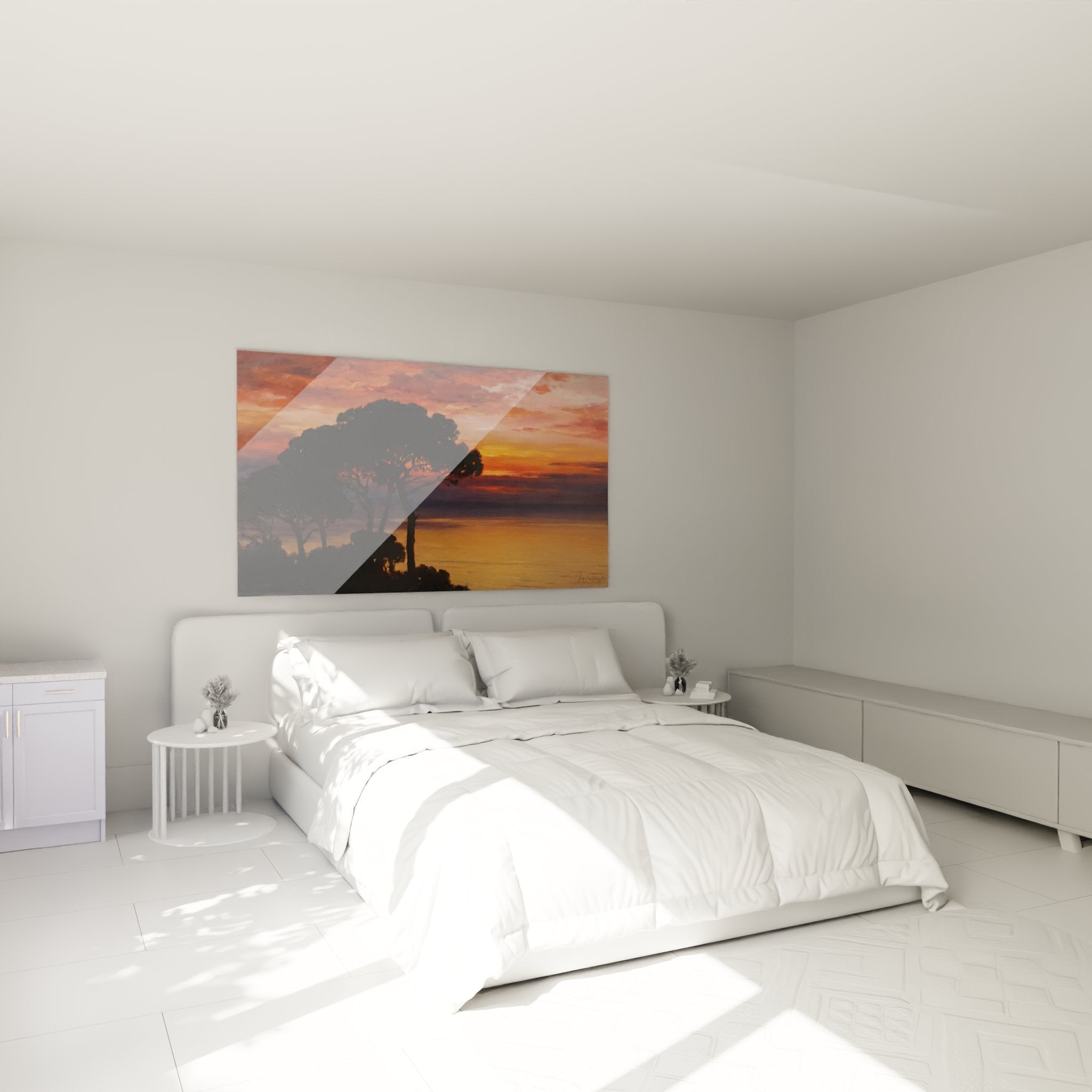 Deco chambre tableau coucher soleil mediterraneen pins parasols ambiance Cote d'Azur art mural