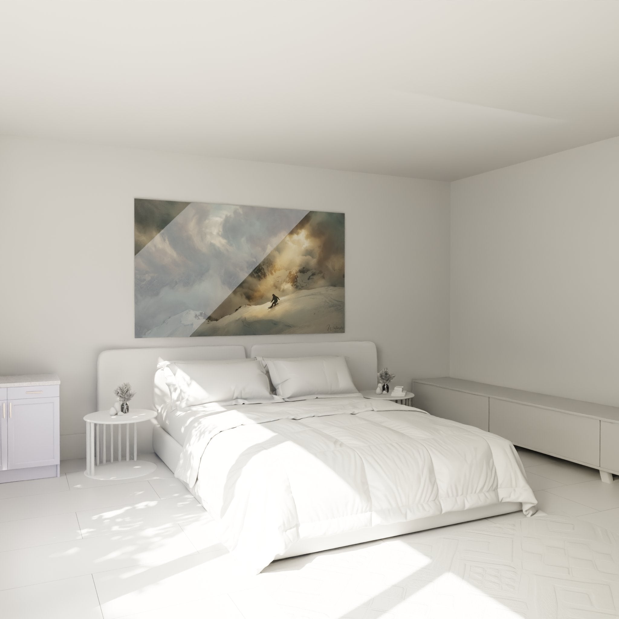 Decoration murale snowboard montagne dans chambre moderne avec ambiance sports d'hiver alpine