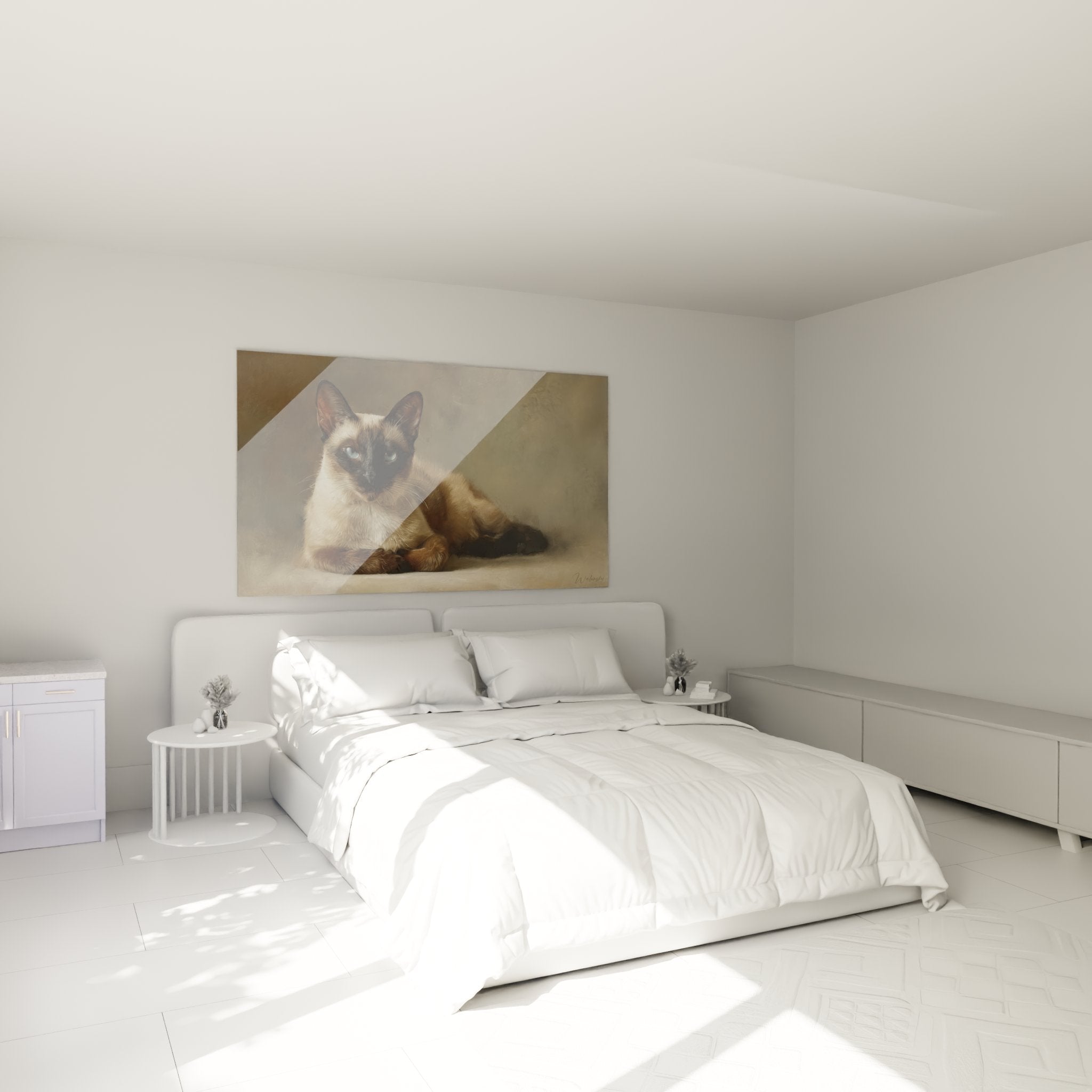 Décoration murale chat siamois élégant dans chambre moderne aux tons neutres et lumineux