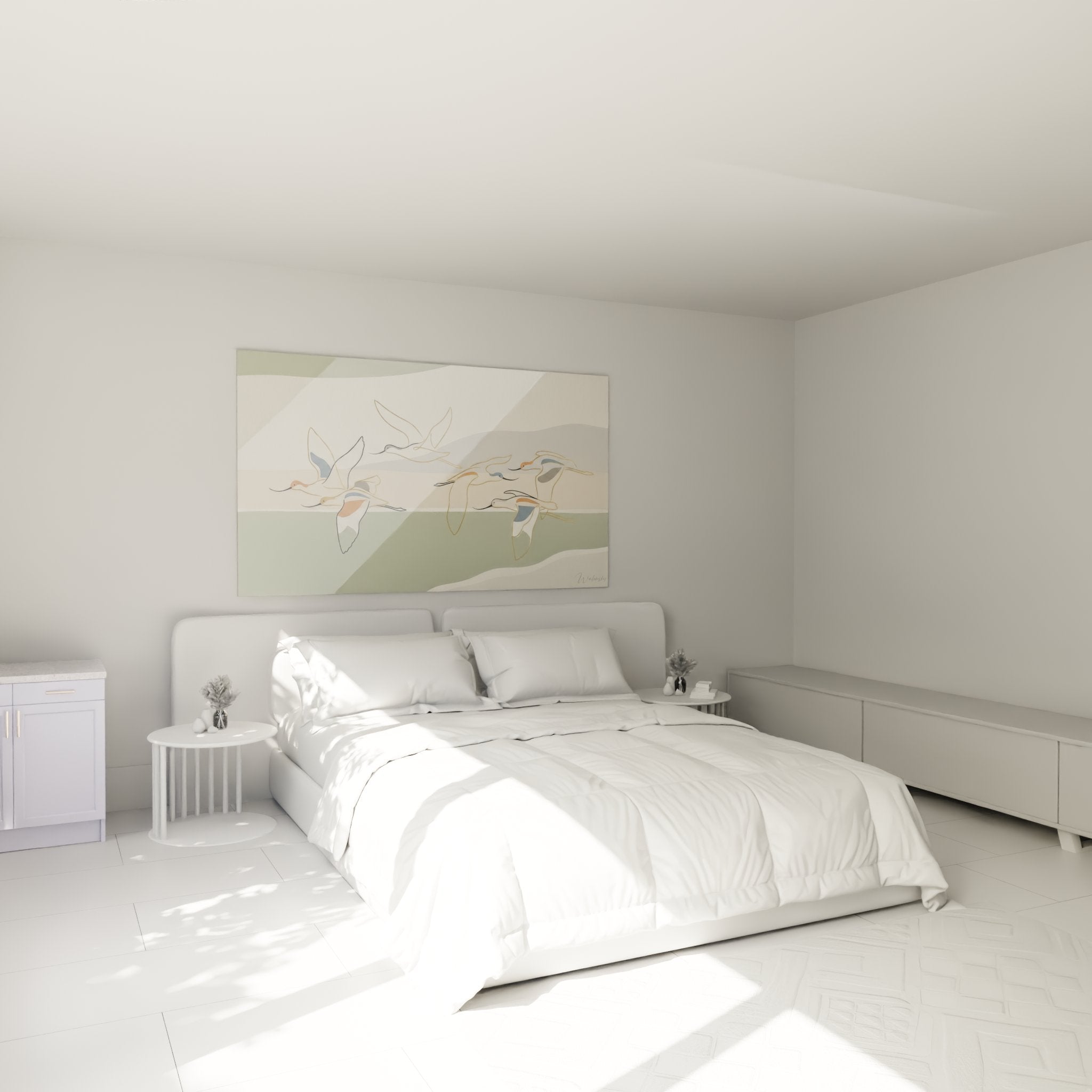 Decoration chambre avec tableau flamants roses art mural nature tons doux ambiance zen moderne