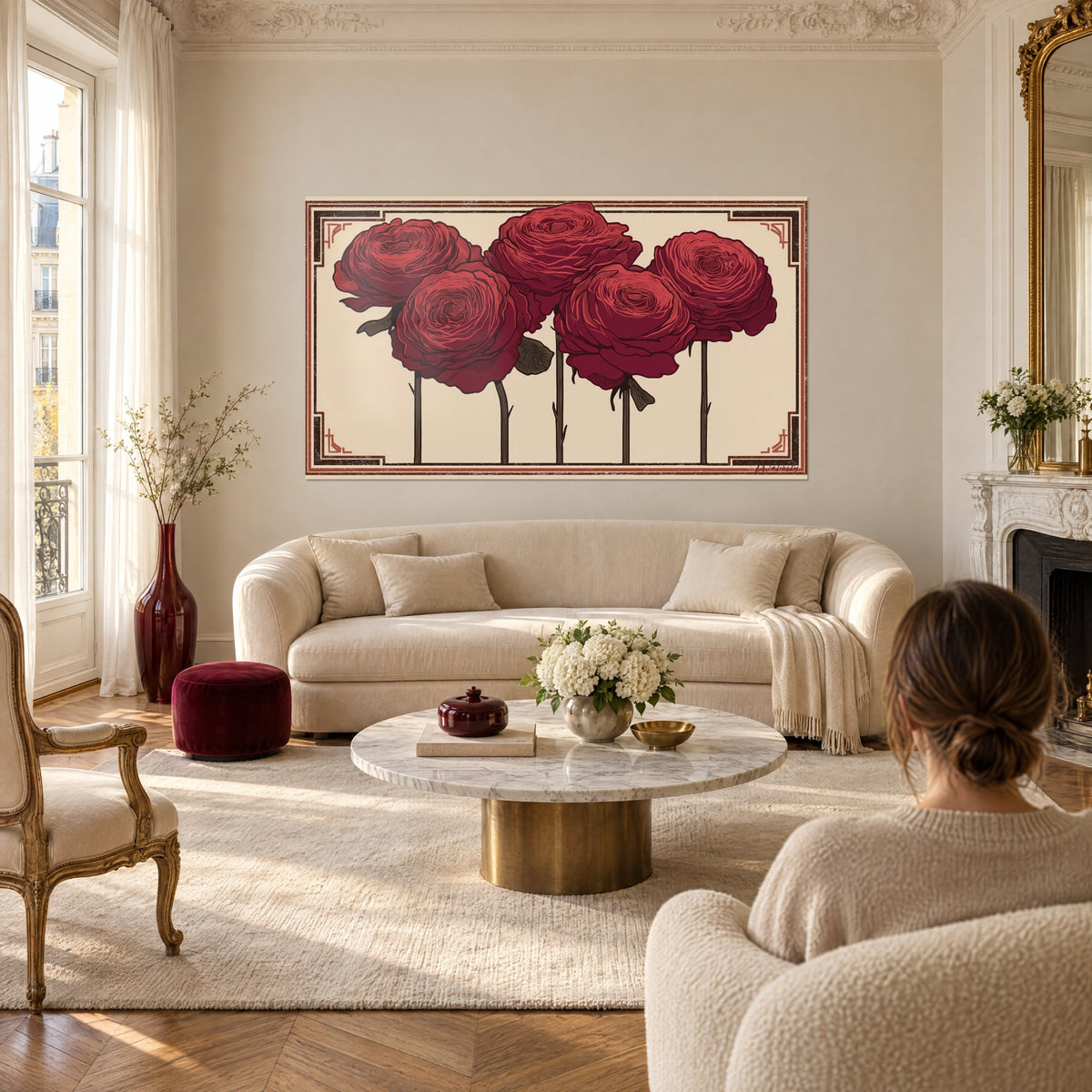 Tableau cinq pivoines carmin aux pétales gravés, fond crème et cadre rouille, au-dessus d'un canapé dans un salon lumineux