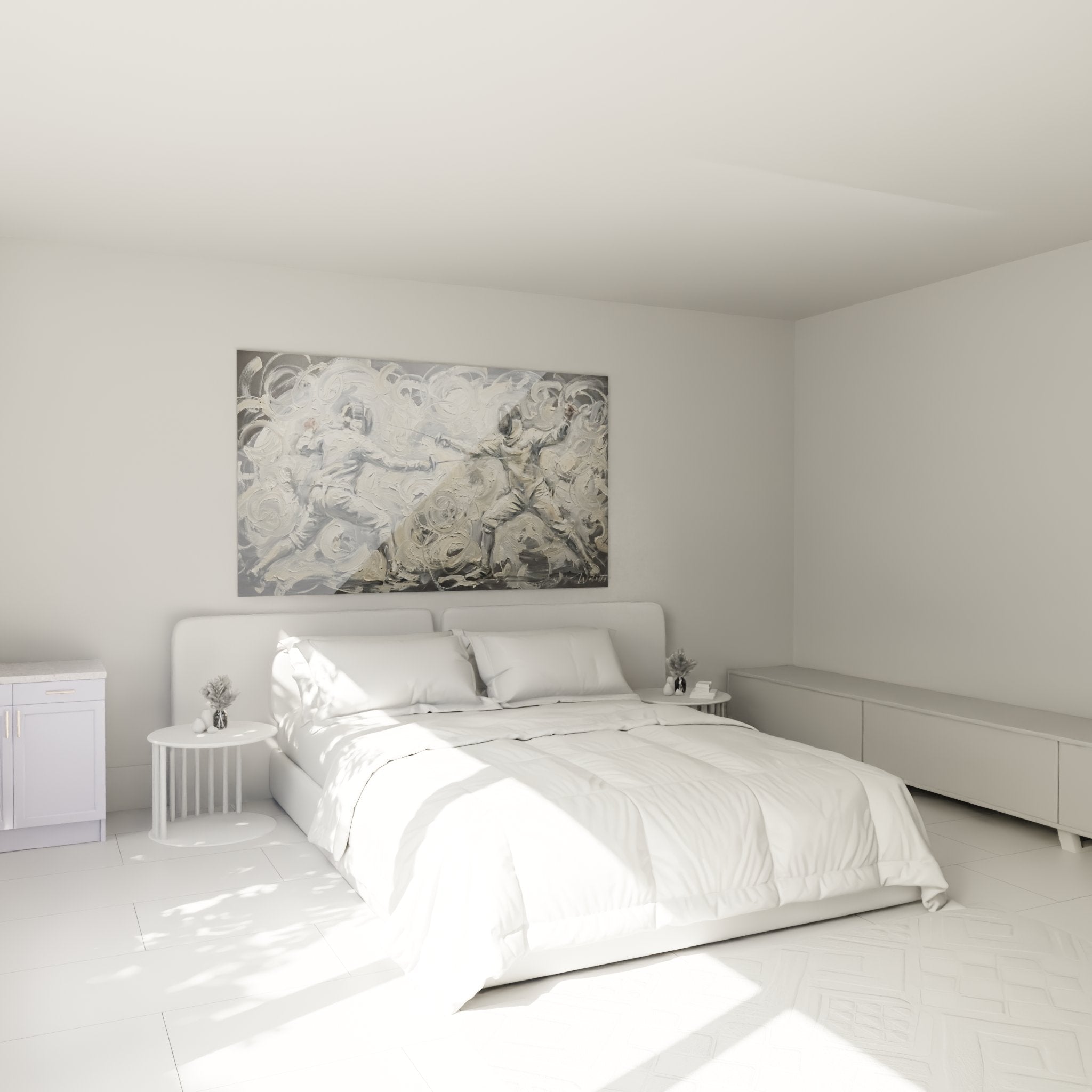 Tableau abstrait gris dans chambre moderne - decoration murale elegante avec tourbillons argentes