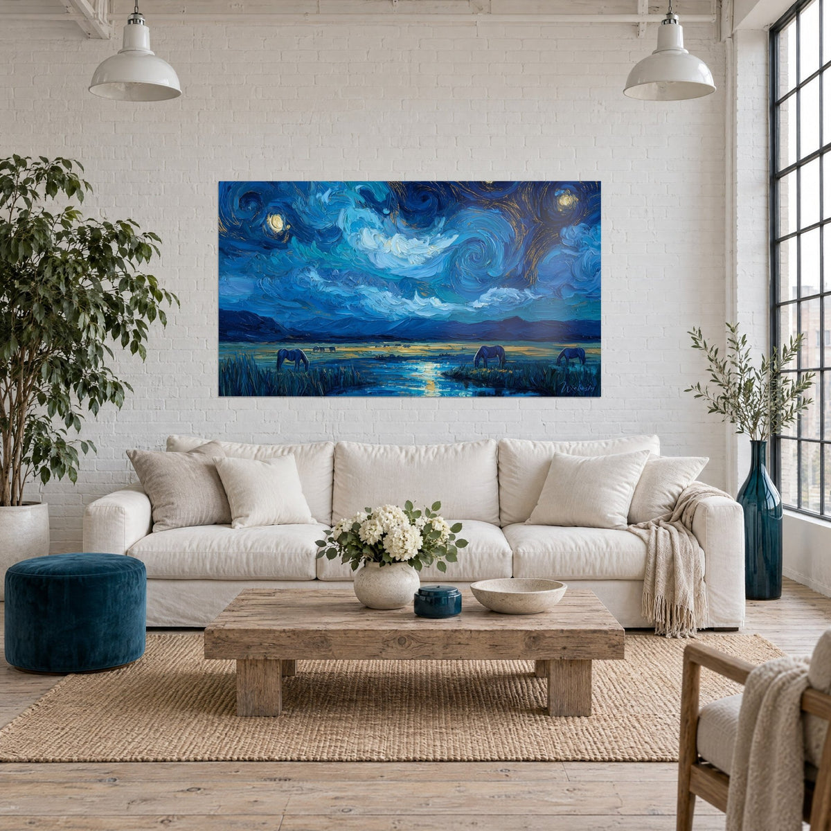 Gemälde mit weidenden Camargue-Pferden unter einem wirbelnden Himmel in Kobaltblau und Türkis, goldene Reflexe, über einem Sofa in einem hellen Wohnzimmer