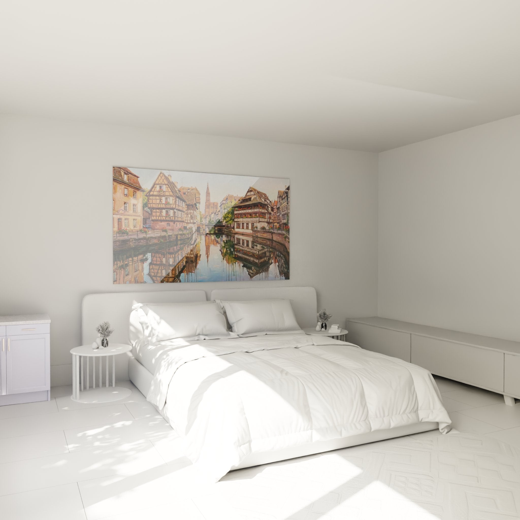 Tableau Strasbourg Petite France dans chambre moderne, décoration murale alsacienne avec maisons traditionnelles
