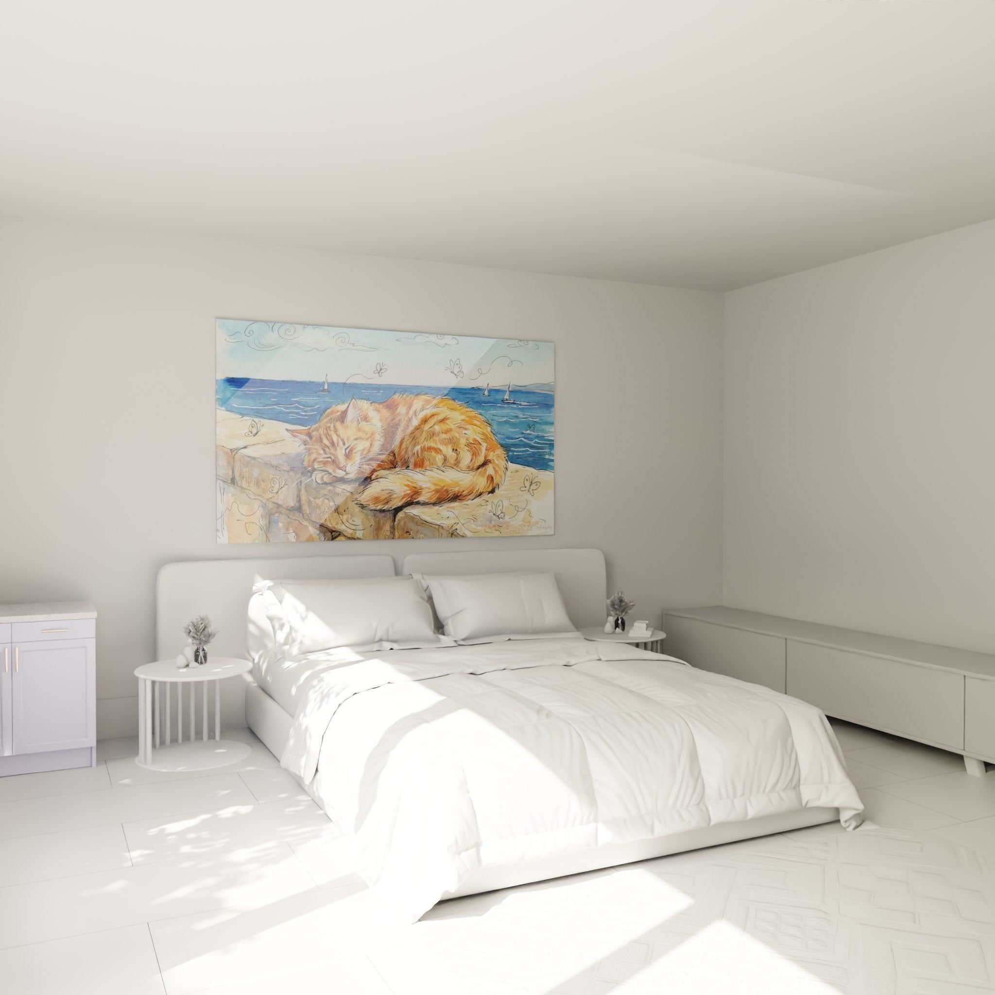 Décoration chambre tableau chat roux sieste bord de mer style aquarelle méditerranéen mural