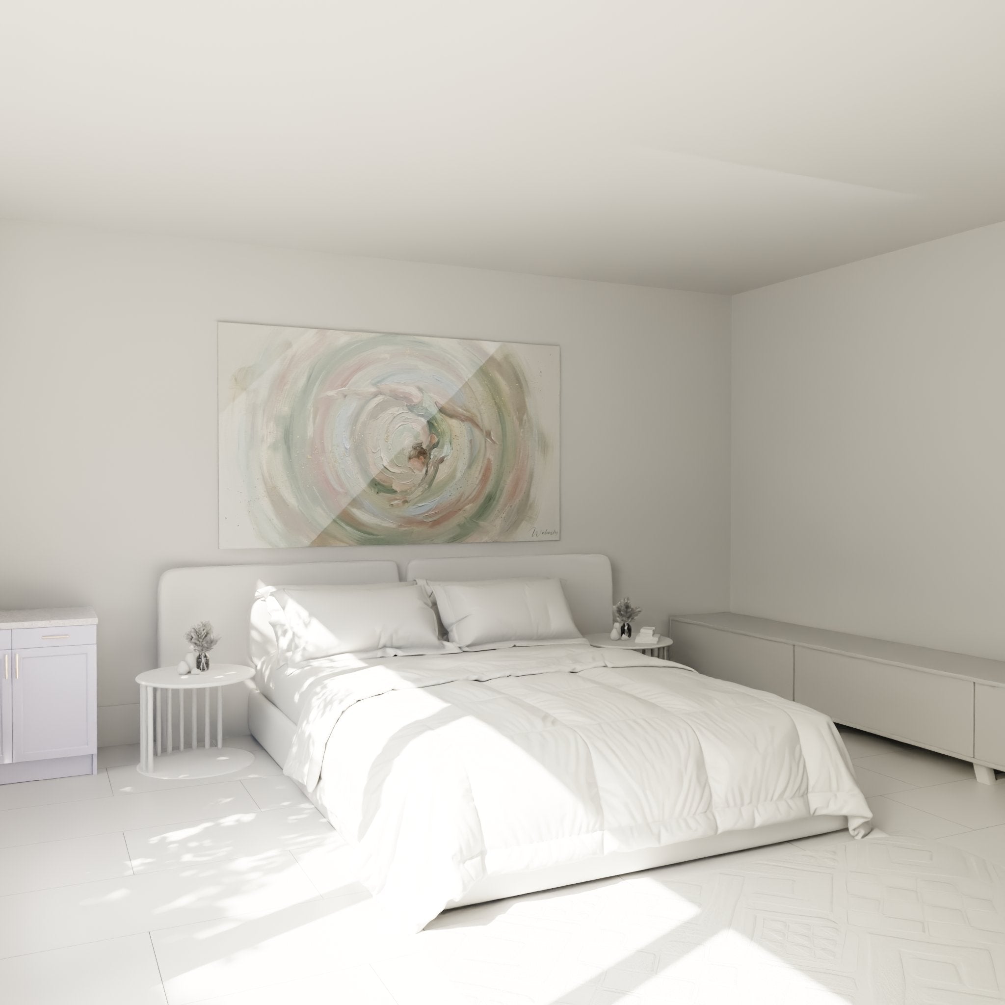 Tableau spirale pastel dans chambre moderne decoration murale art gymnastique ambiance douce