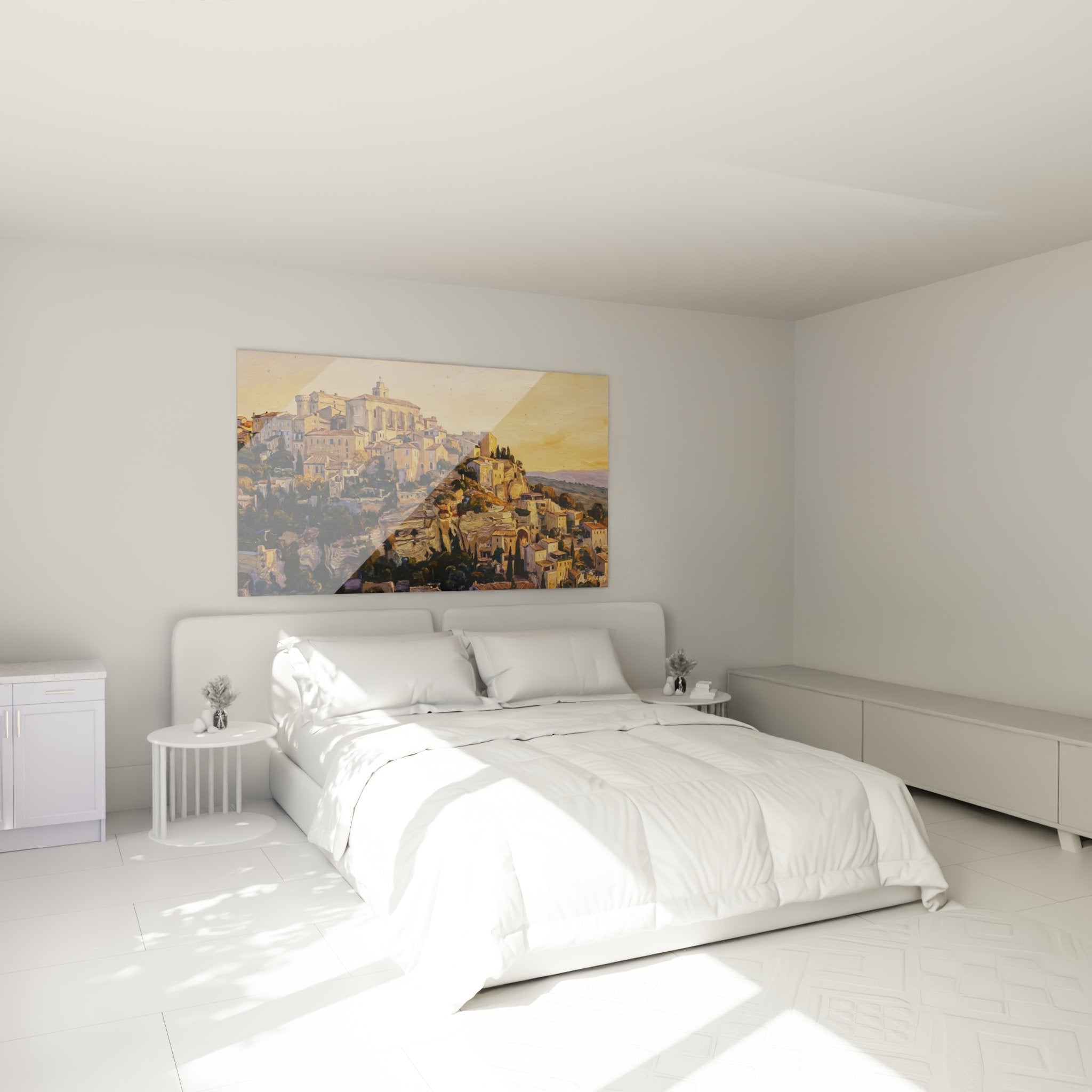 Déco chambre tableau village provence style gordes luberon ambiance chaleureuse tons ocres dorés