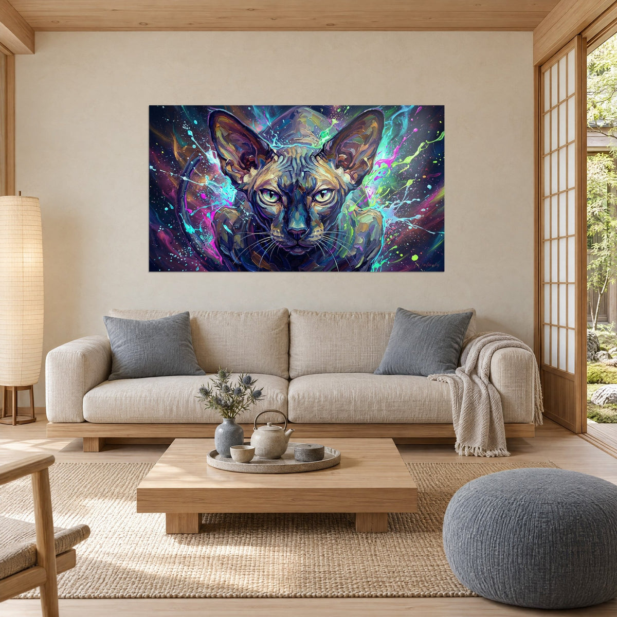 Schilderij Peterbald-kat met grote oren, cyaan en magenta spatten op een nachtblauwe achtergrond, boven een bank in een lichte woonkamer