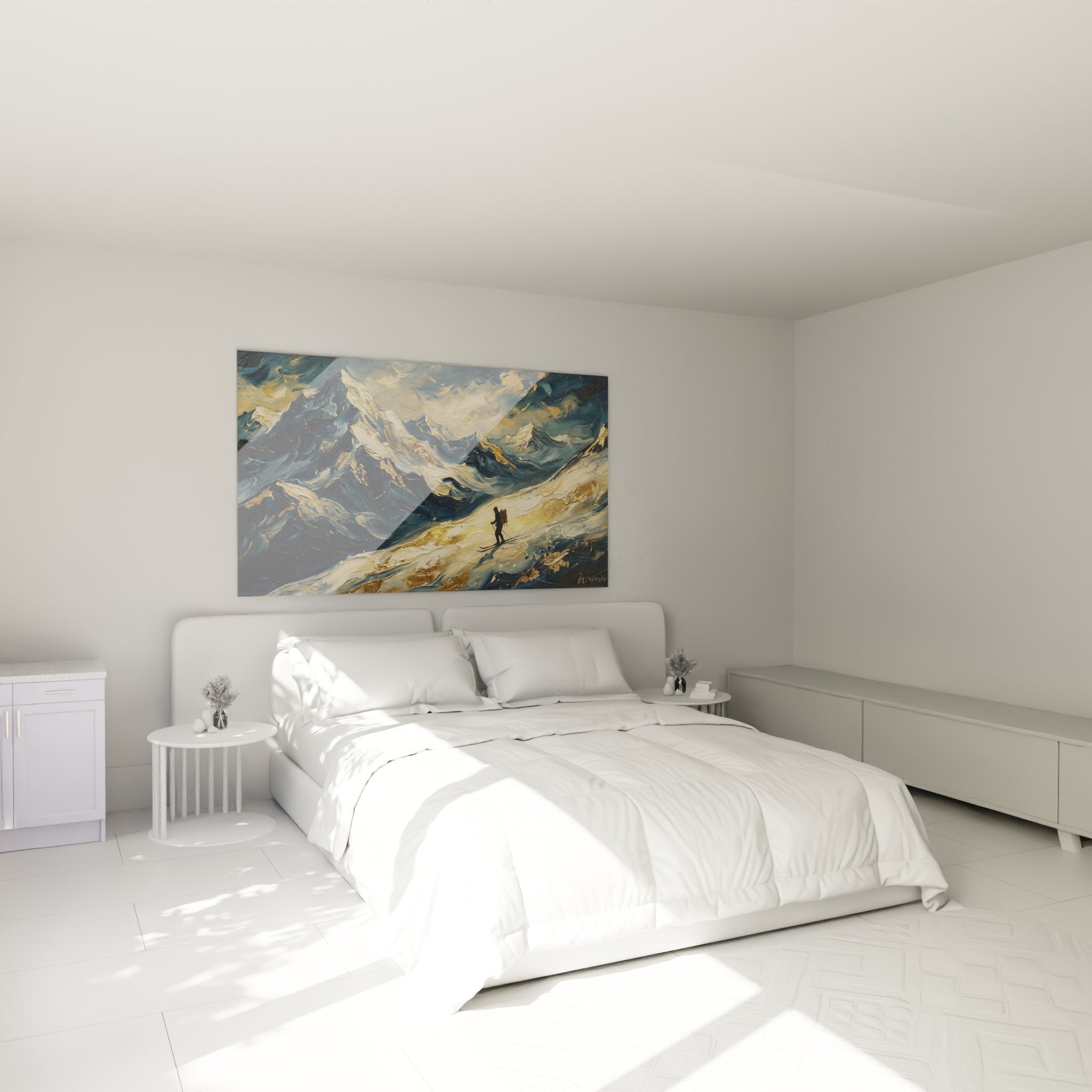 Decoration murale tableau skieur montagne dans chambre moderne, ambiance cosy sports d'hiver