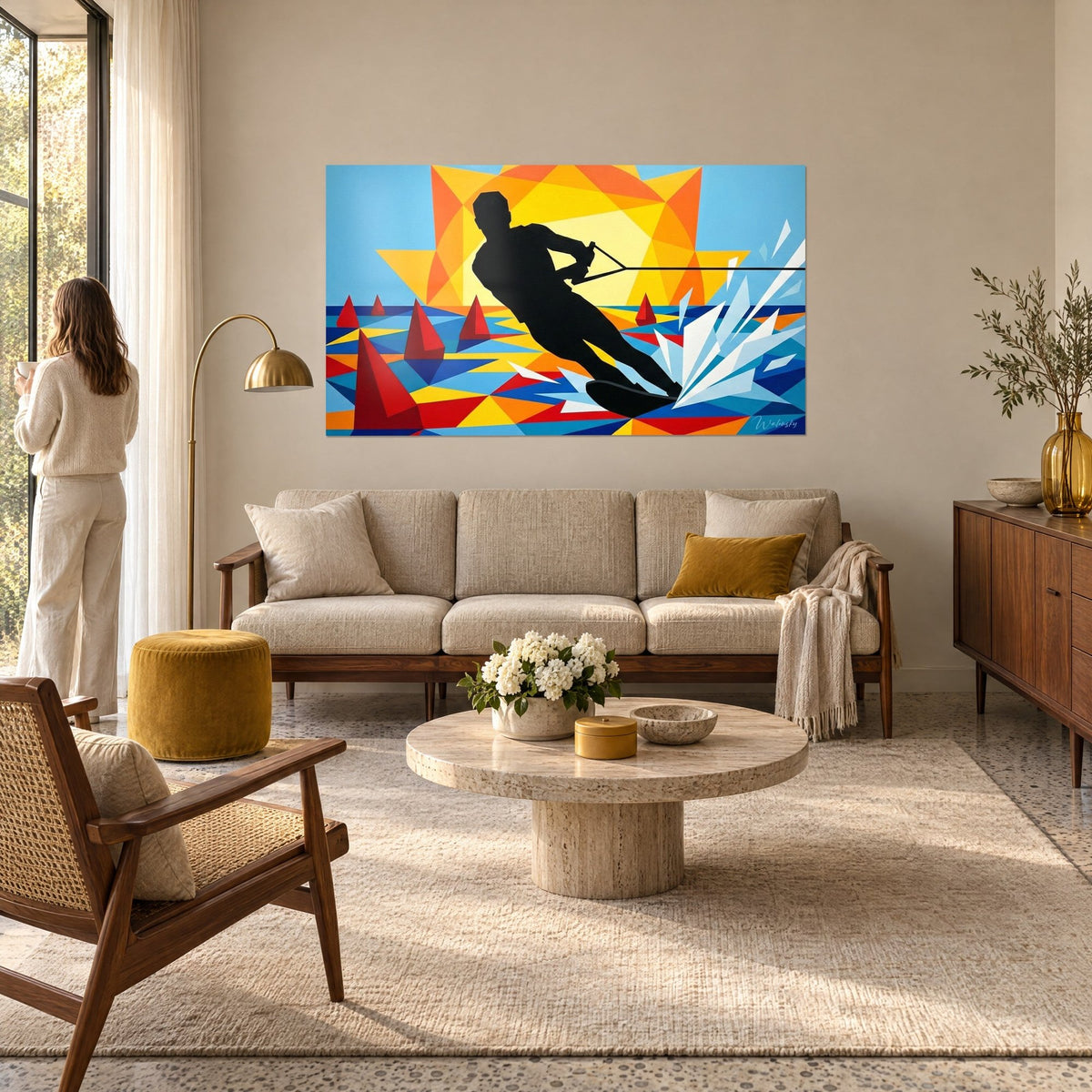 Tableau skieur nautique noir sur soleil orange et jaune, bouées rouges et gerbe blanche, au-dessus d'un canapé dans un salon lumineux