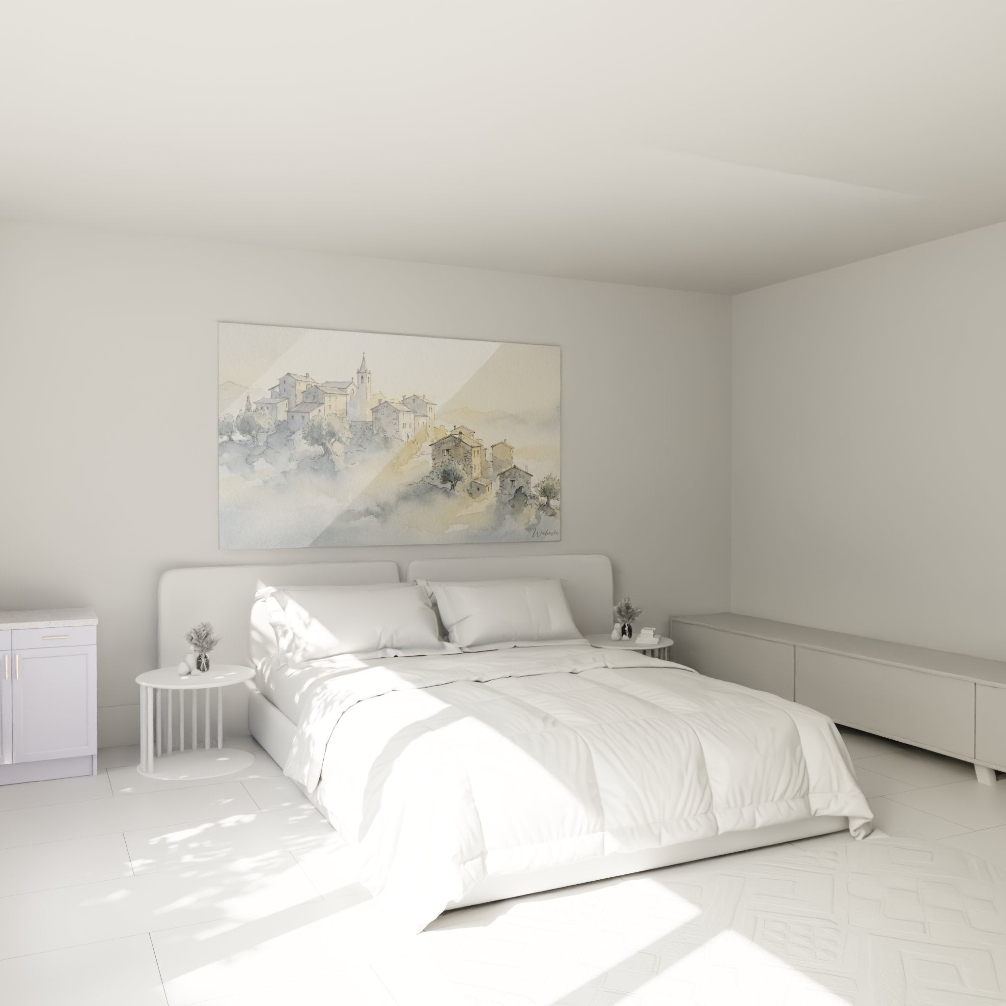 Tableau aquarelle village corse chambre decoration murale ambiance sereine montagne brume art mural