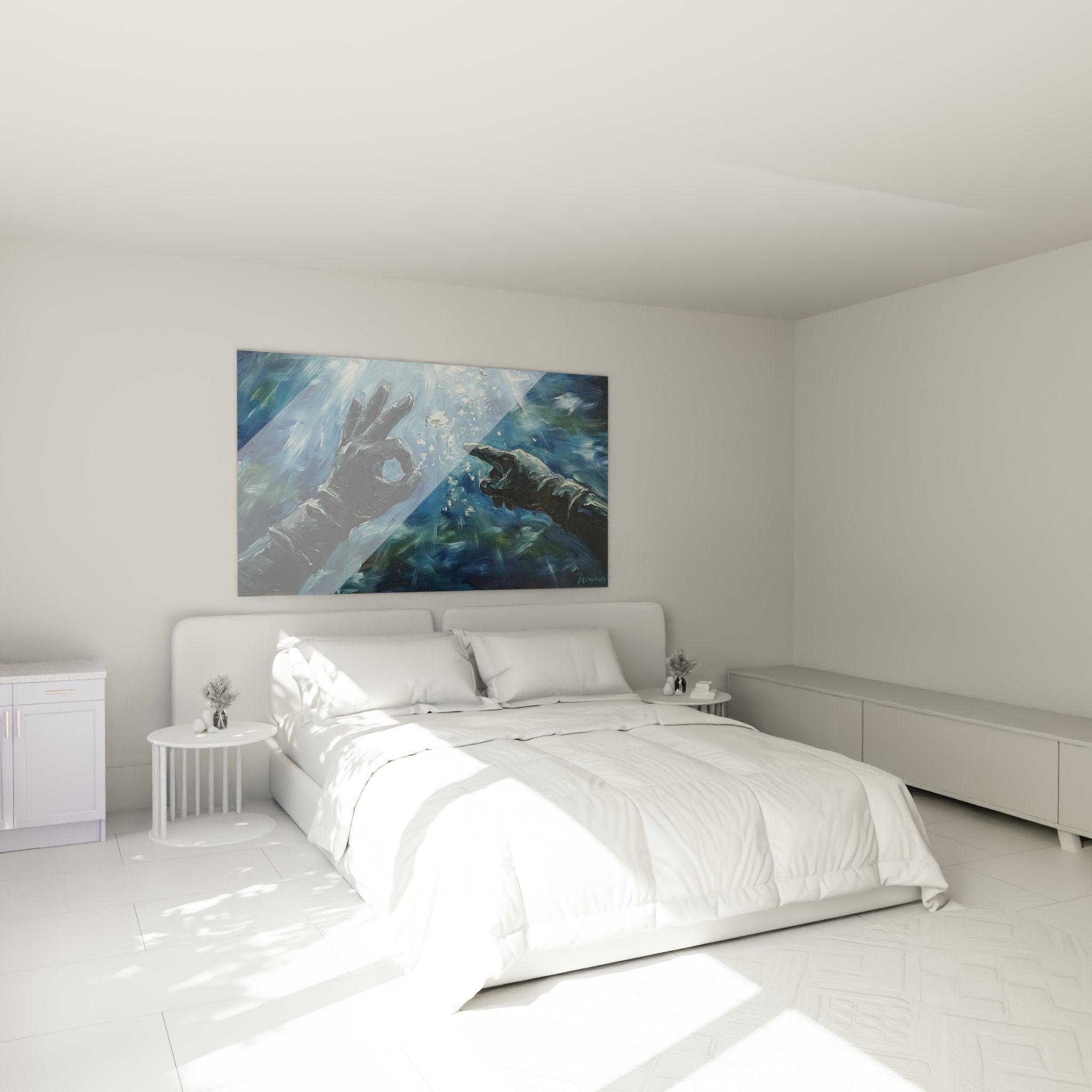 Décoration murale plongée sous-marine avec mains aquatiques dans une chambre moderne